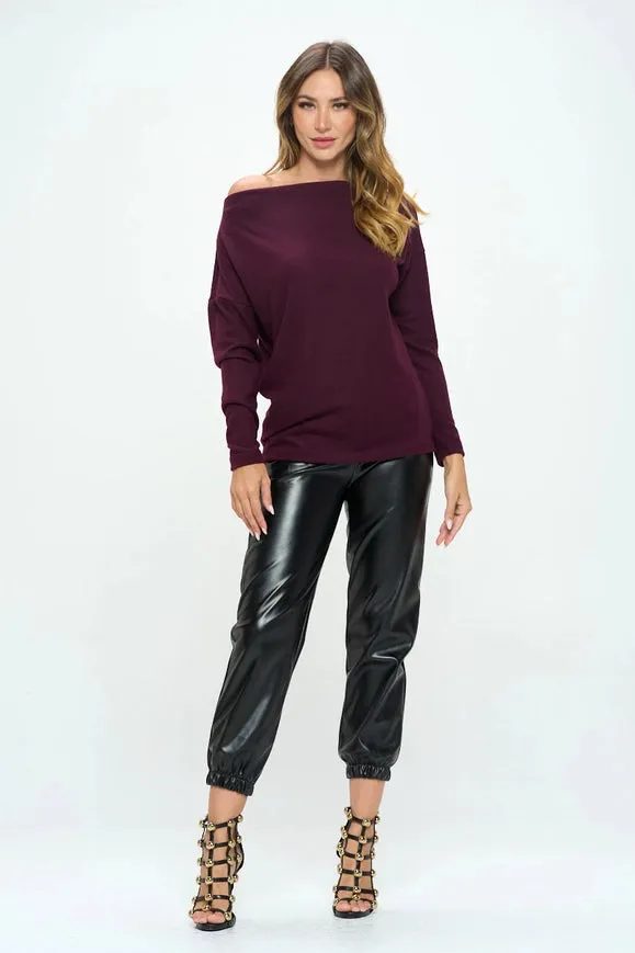 Plum Brushed Knit Off The Shoulder Top