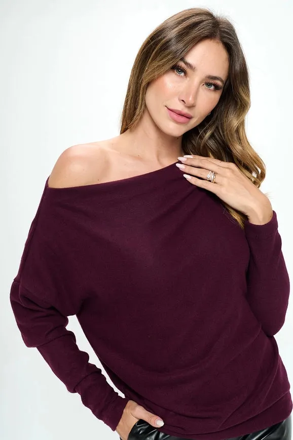 Plum Brushed Knit Off The Shoulder Top