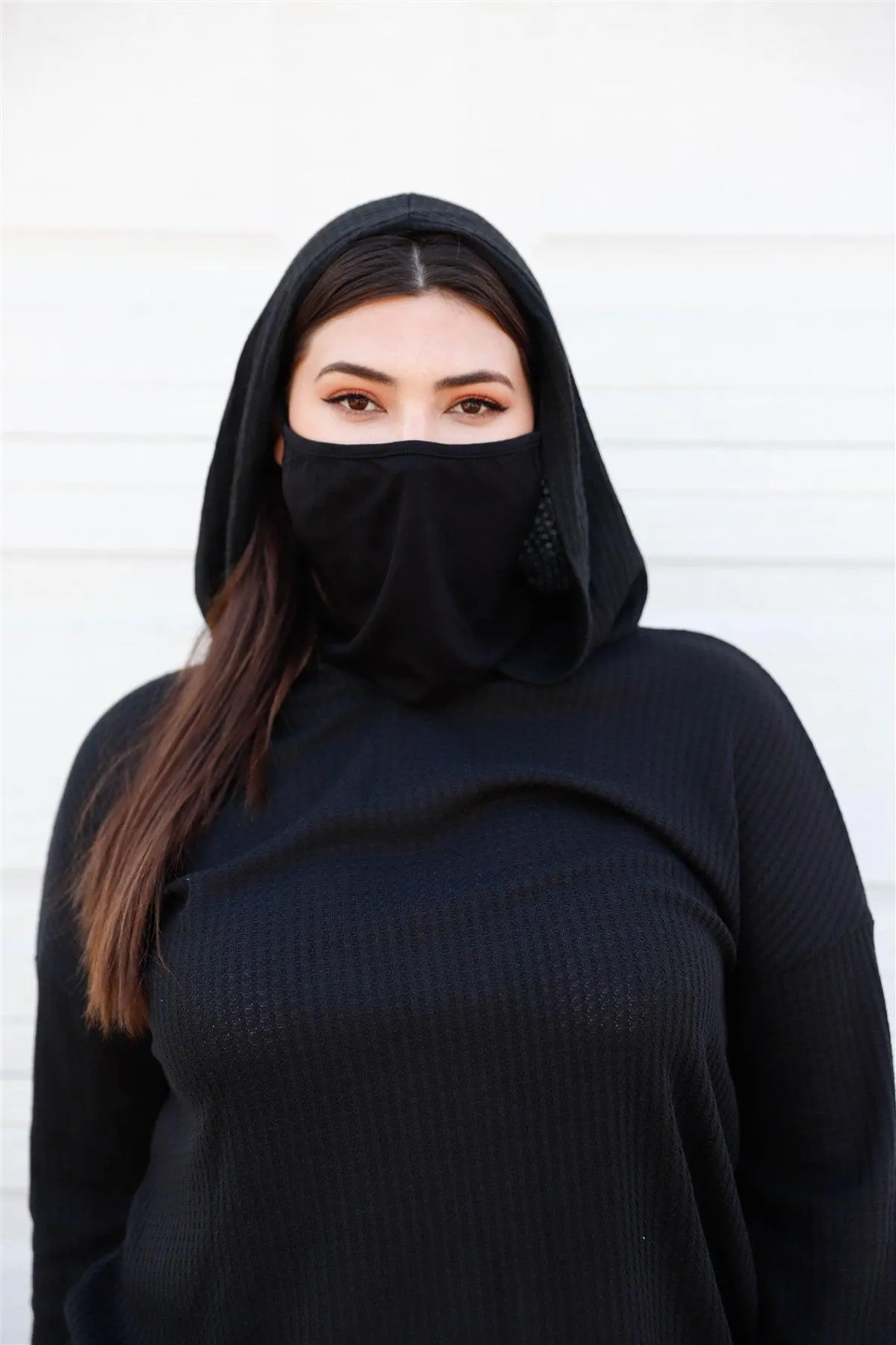 Plus Size Black Mask Neck Hooded Sweatshirt