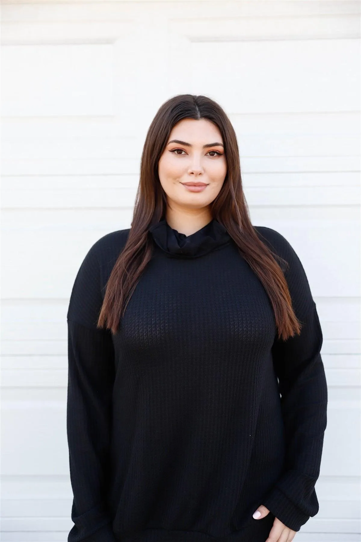 Plus Size Black Mask Neck Hooded Sweatshirt