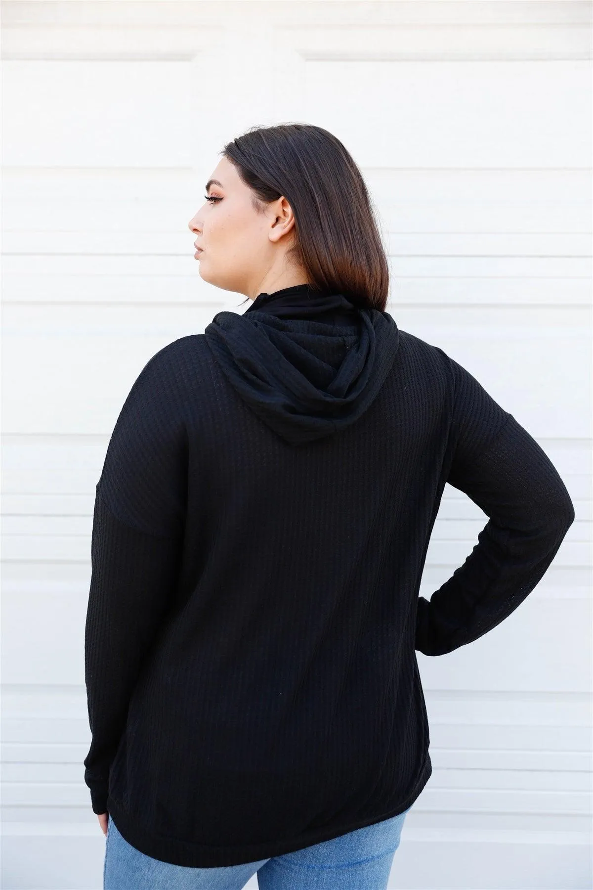 Plus Size Black Mask Neck Hooded Sweatshirt