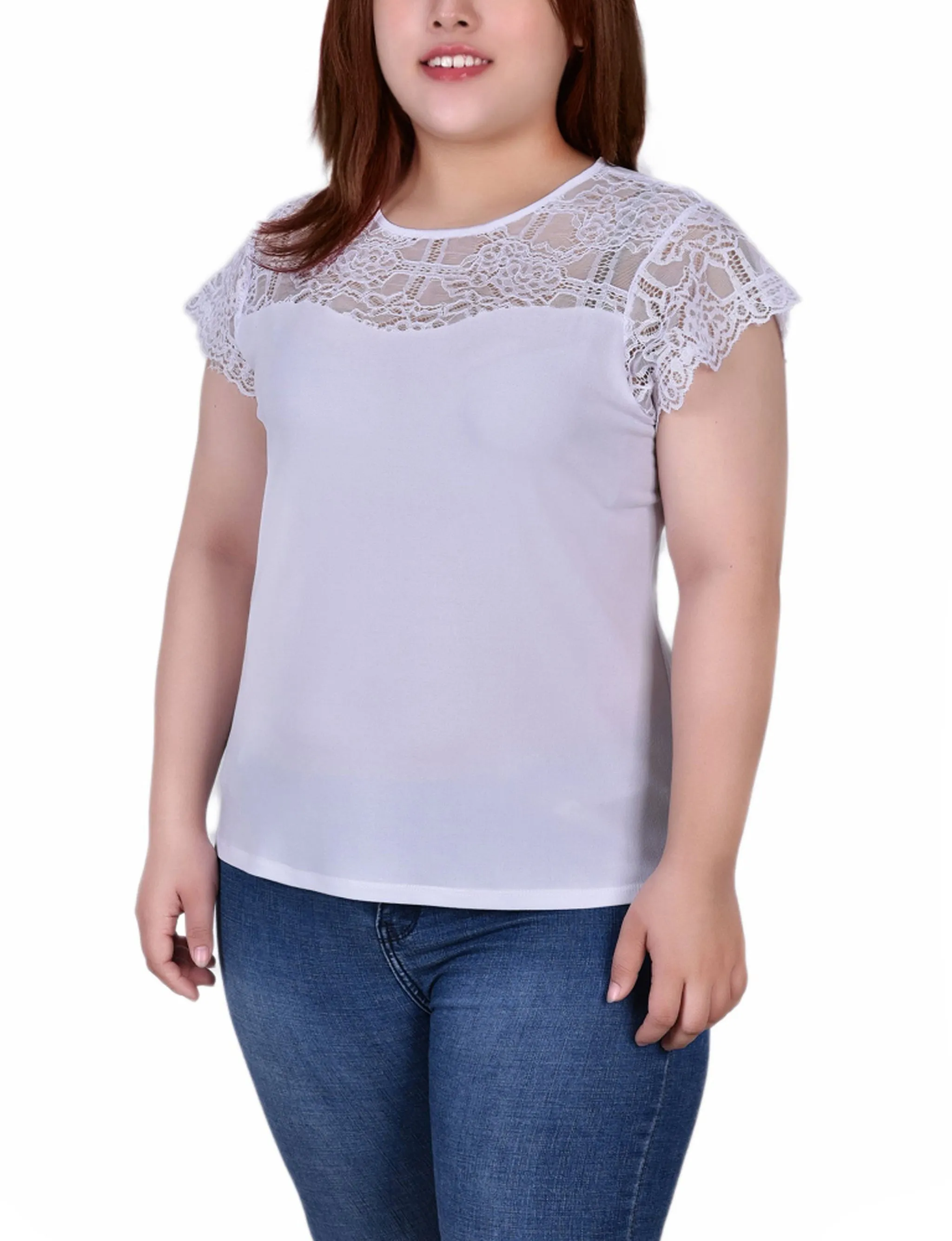 Plus Size Crepe Knit Top With Lace Flanged Sleeve and Yoke