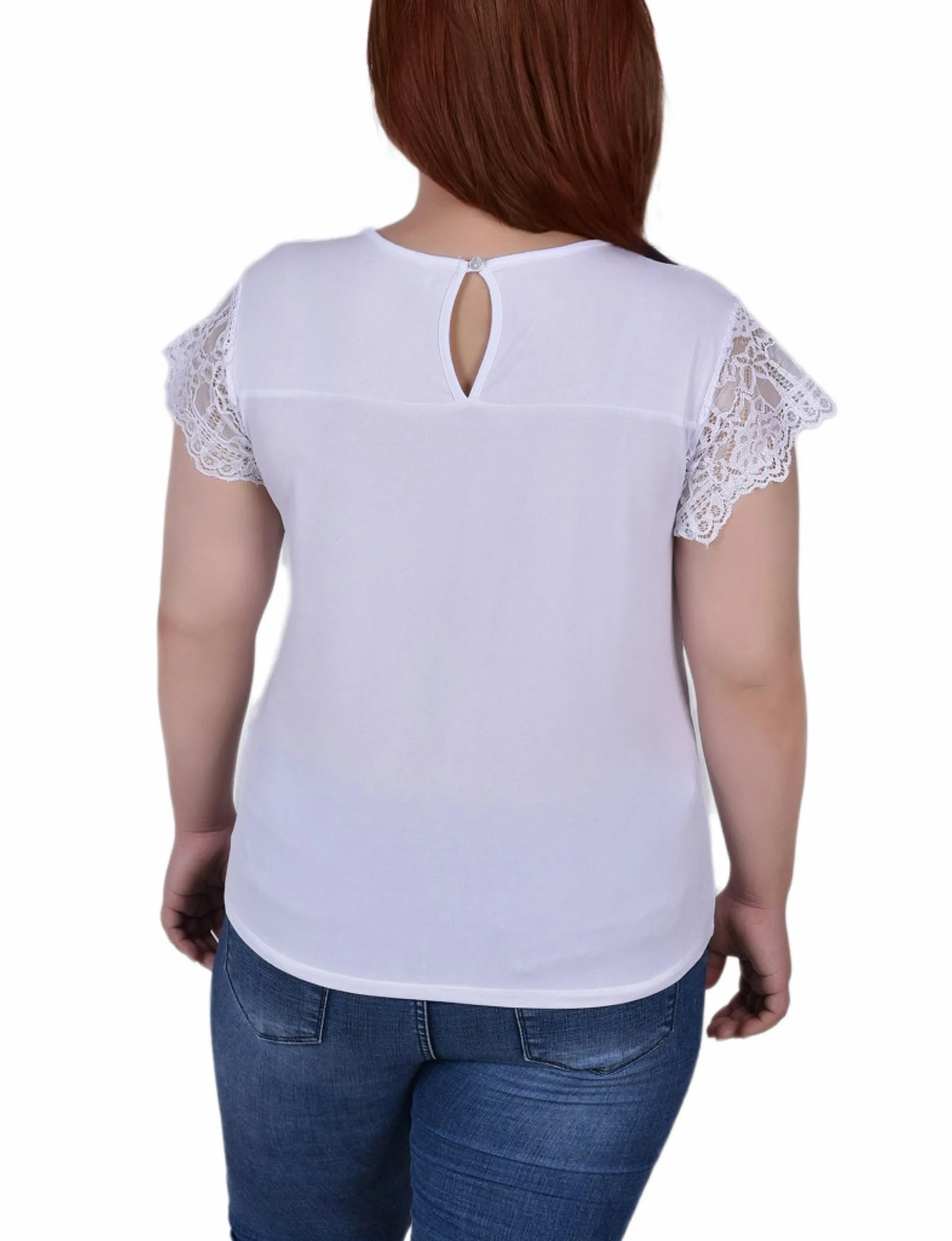 Plus Size Crepe Knit Top With Lace Flanged Sleeve and Yoke
