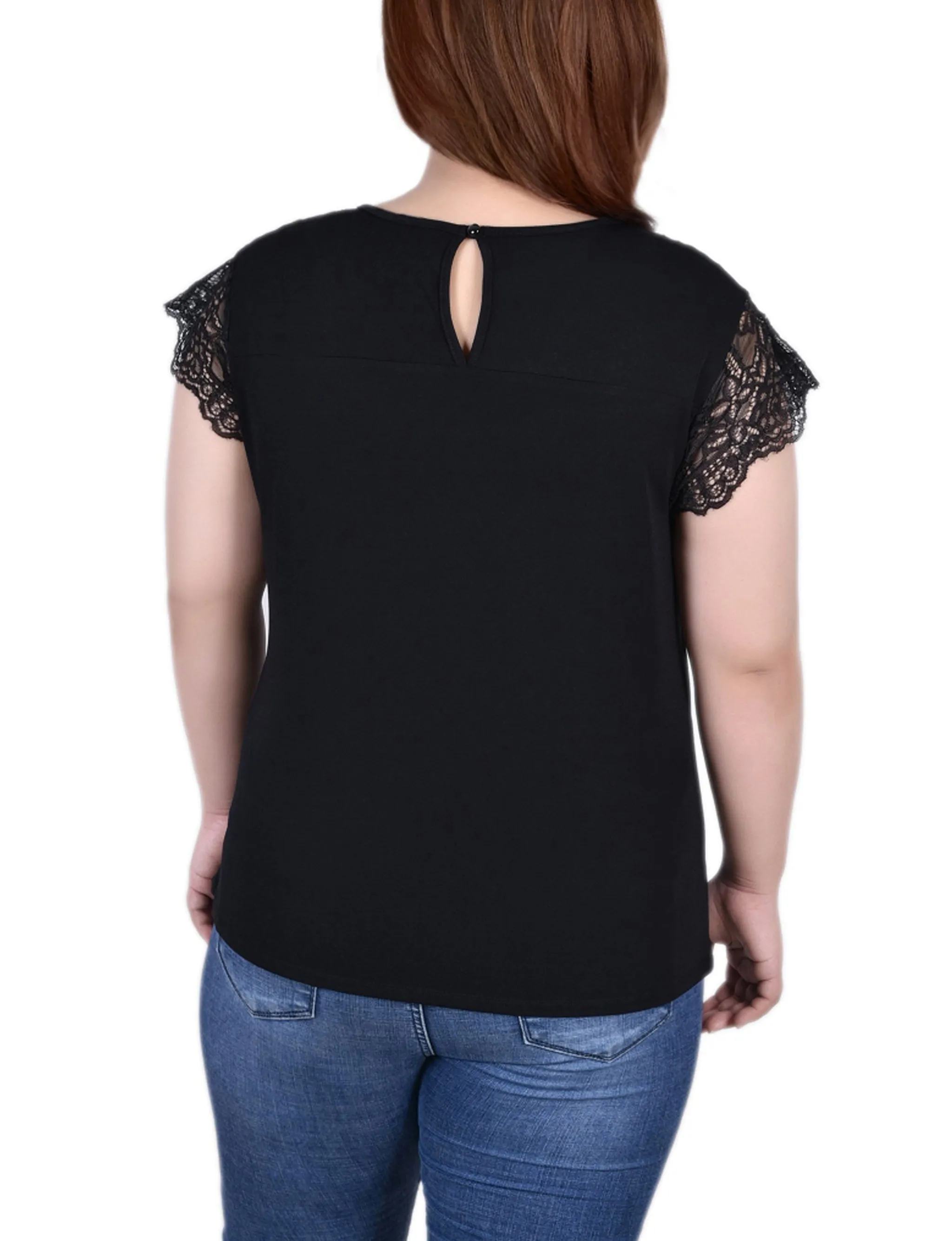 Plus Size Crepe Knit Top With Lace Flanged Sleeve and Yoke