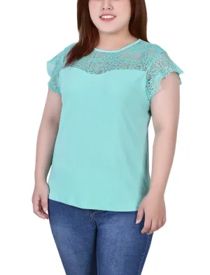 Plus Size Crepe Knit Top With Lace Flanged Sleeve and Yoke
