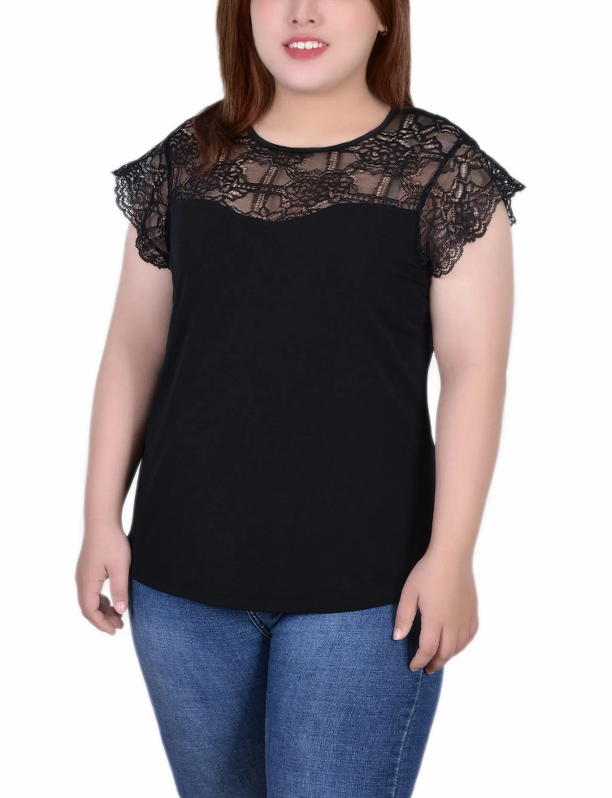 Plus Size Crepe Knit Top With Lace Flanged Sleeve and Yoke
