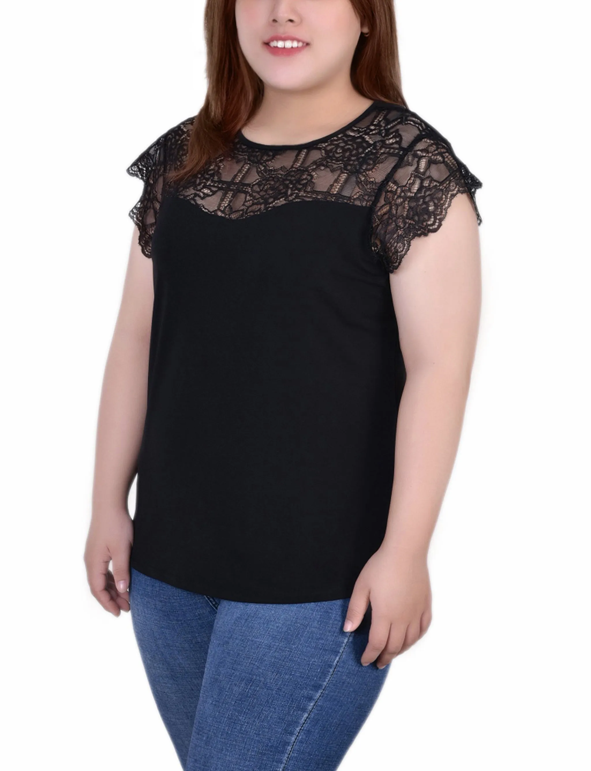 Plus Size Crepe Knit Top With Lace Flanged Sleeve and Yoke