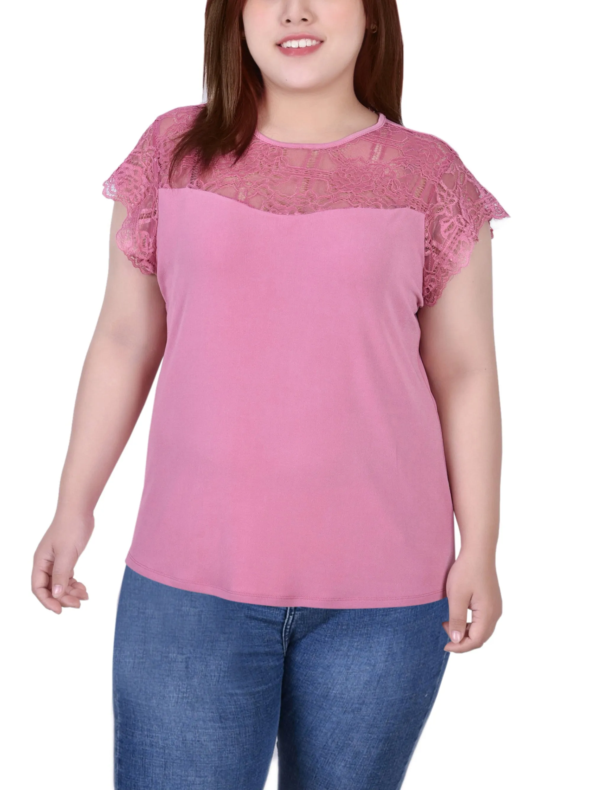 Plus Size Crepe Knit Top With Lace Flanged Sleeve and Yoke