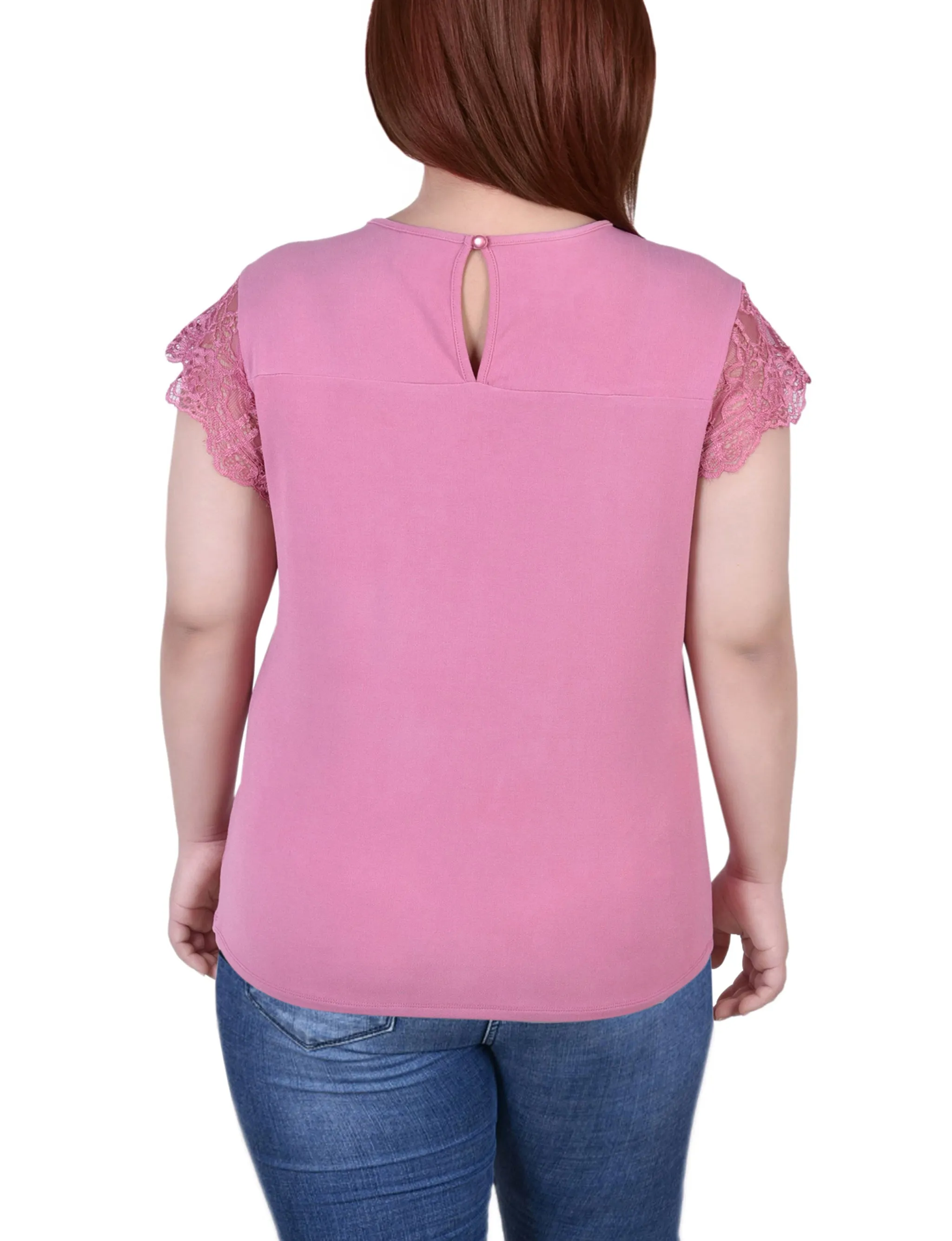 Plus Size Crepe Knit Top With Lace Flanged Sleeve and Yoke