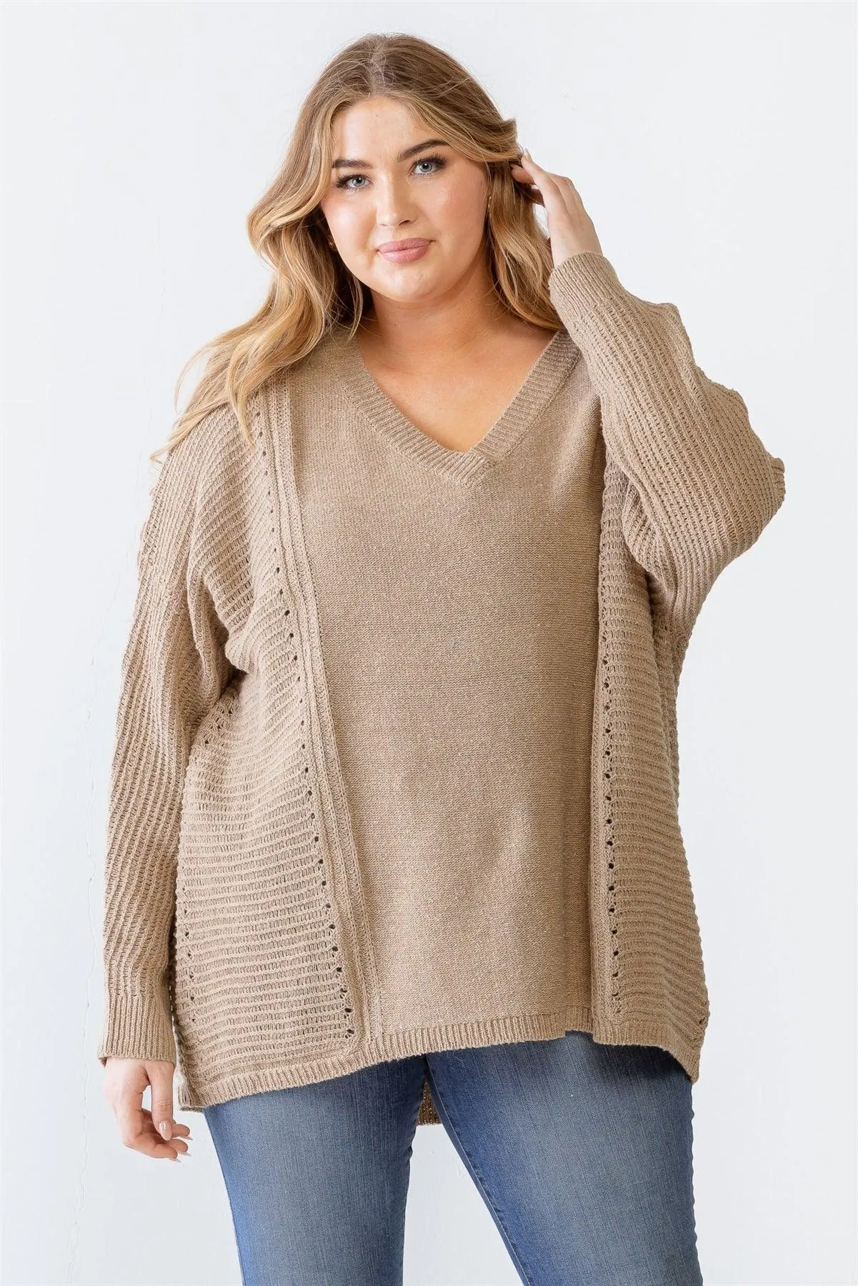 Plus Size Mocha Waffle Knit V-Neck Sweater /3-3