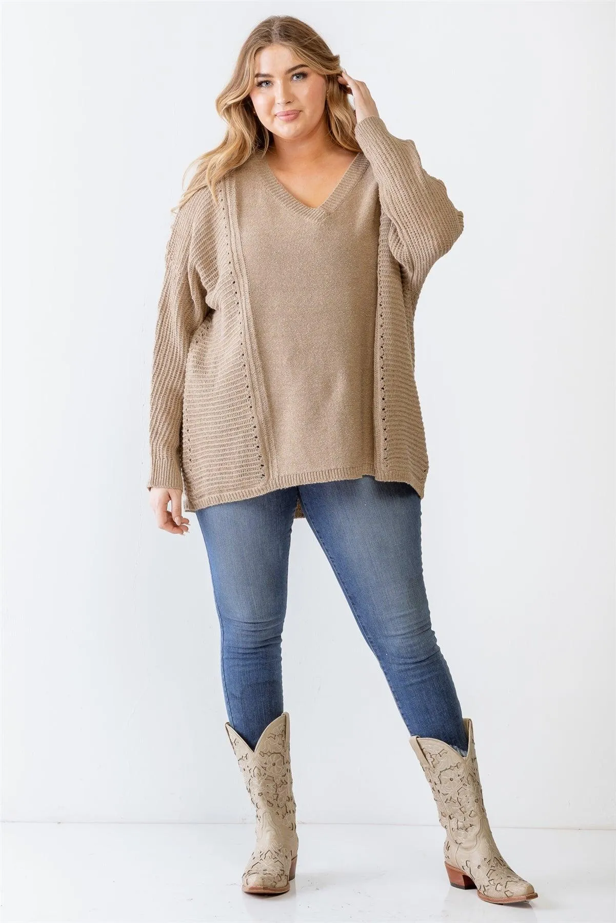 Plus Size Mocha Waffle Knit V-Neck Sweater /3-3