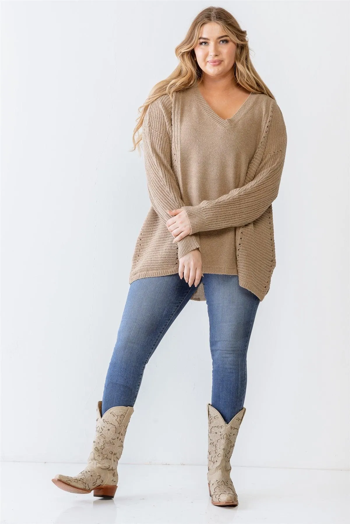 Plus Size Mocha Waffle Knit V-Neck Sweater /3-3