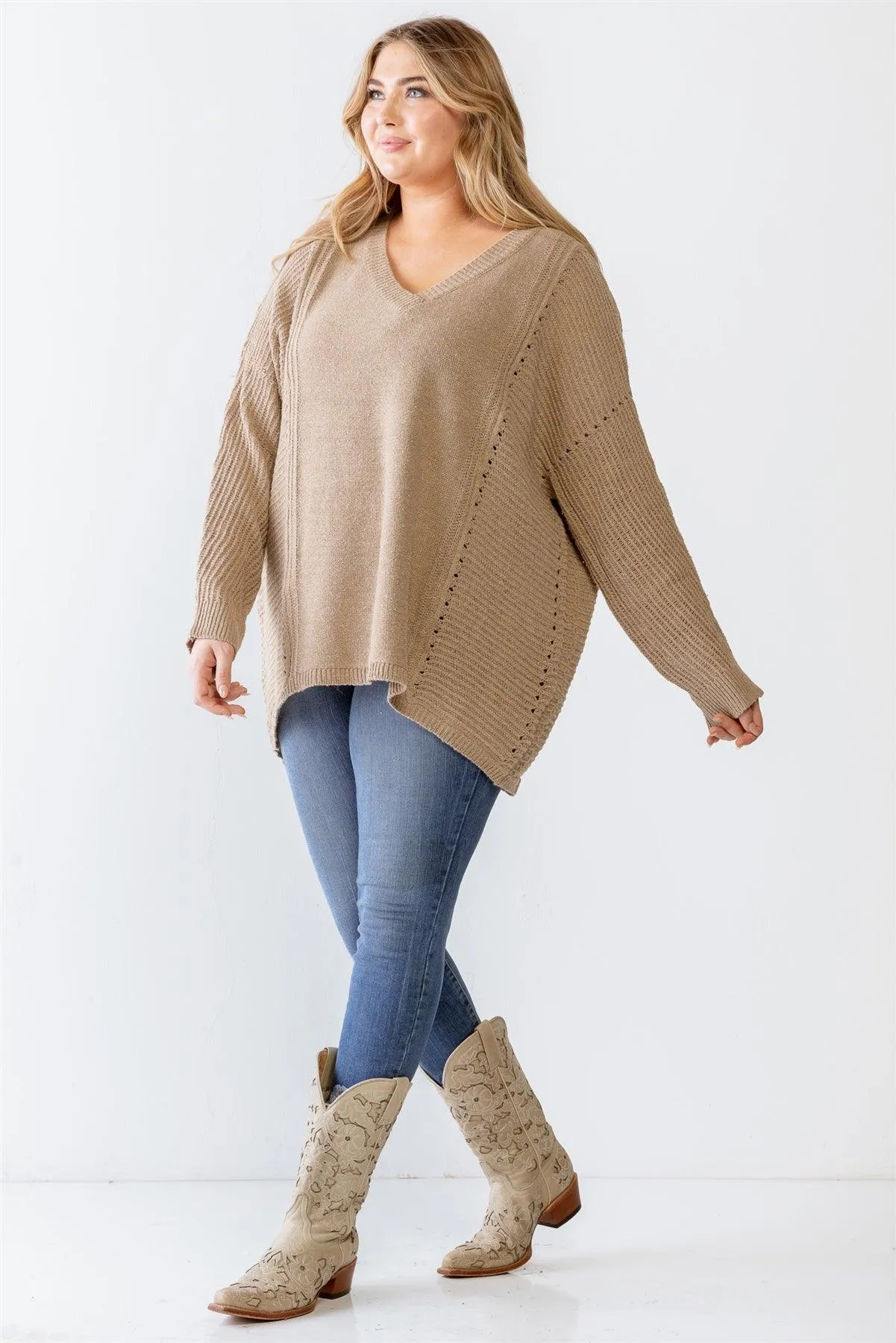 Plus Size Mocha Waffle Knit V-Neck Sweater /3-3