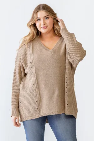 Plus Size Mocha Waffle Knit V-Neck Sweater /3-3