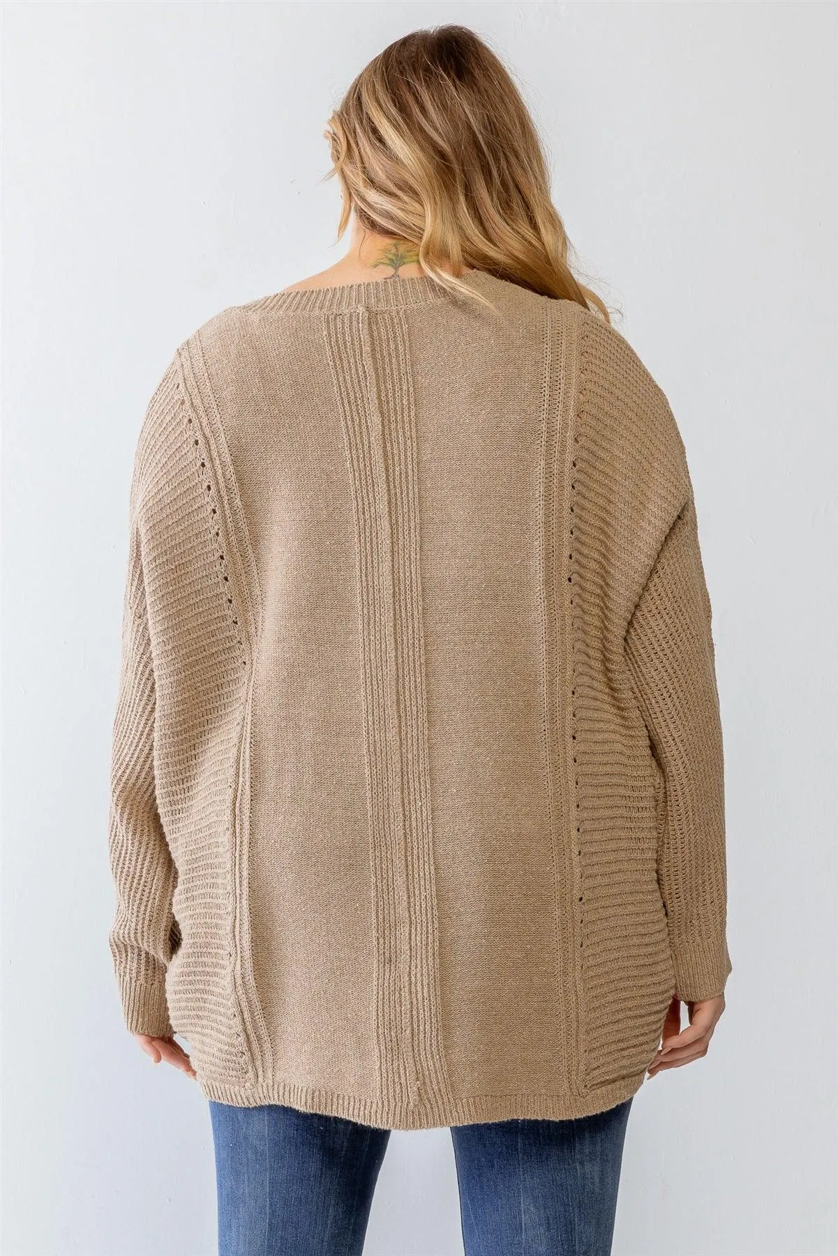 Plus Size Mocha Waffle Knit V-Neck Sweater /3-3