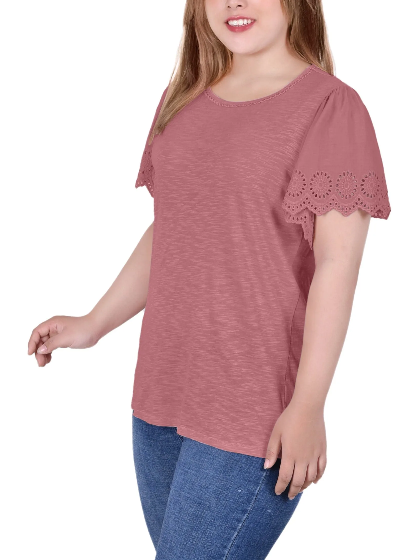Plus Size Short Flutter Eyelet Sleeve Top