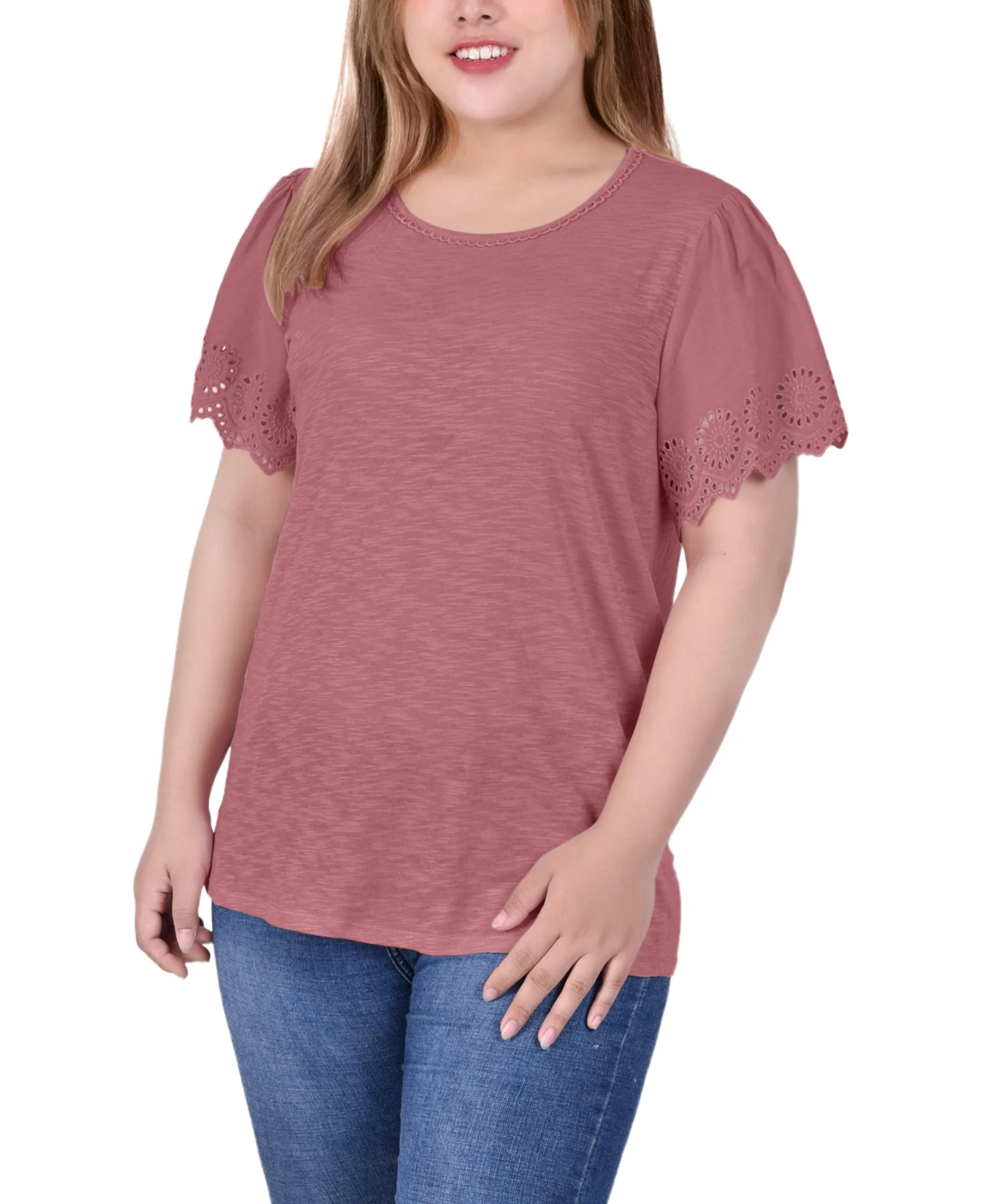 Plus Size Short Flutter Eyelet Sleeve Top