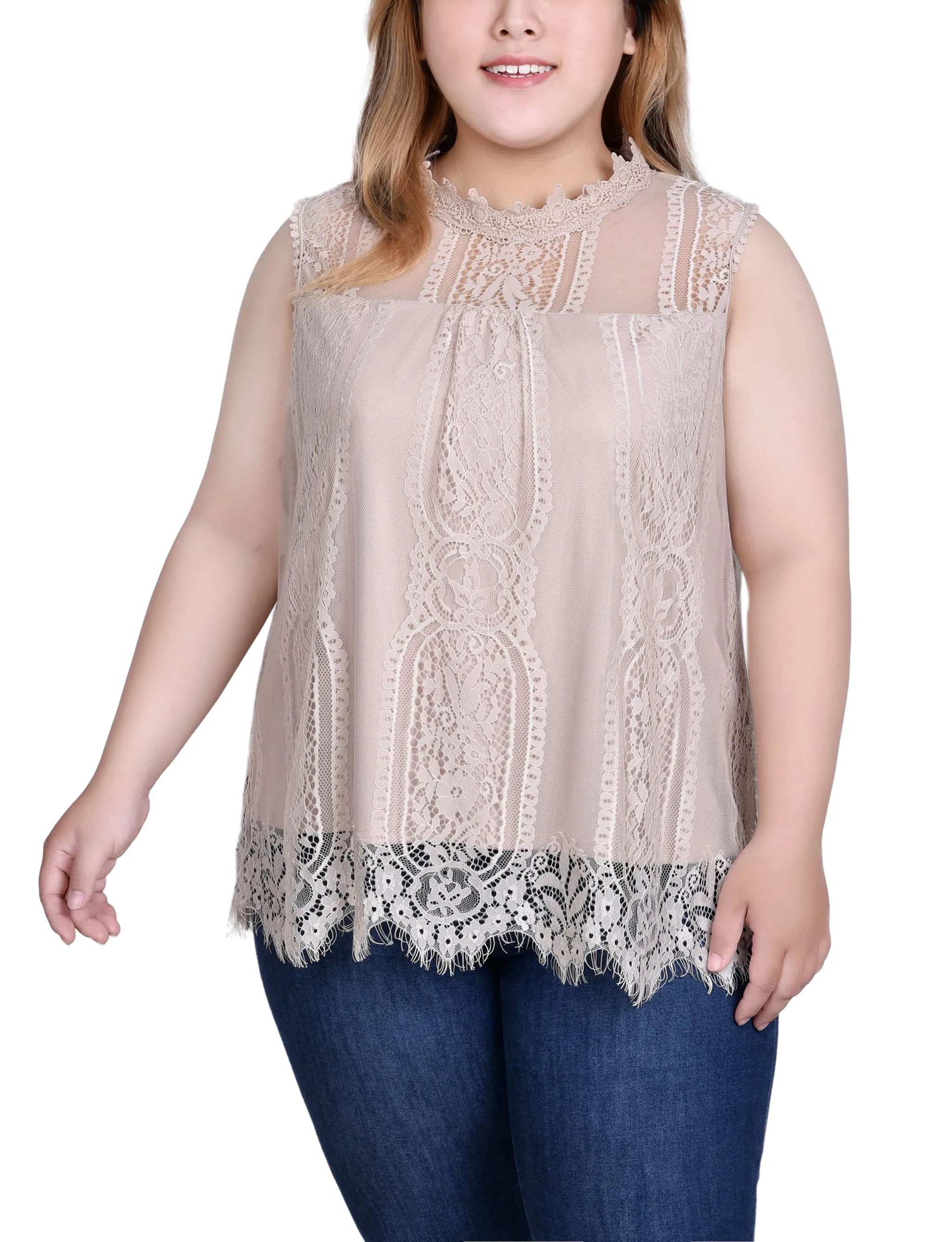 Plus Size Sleeveless Mock Neck Lace Top