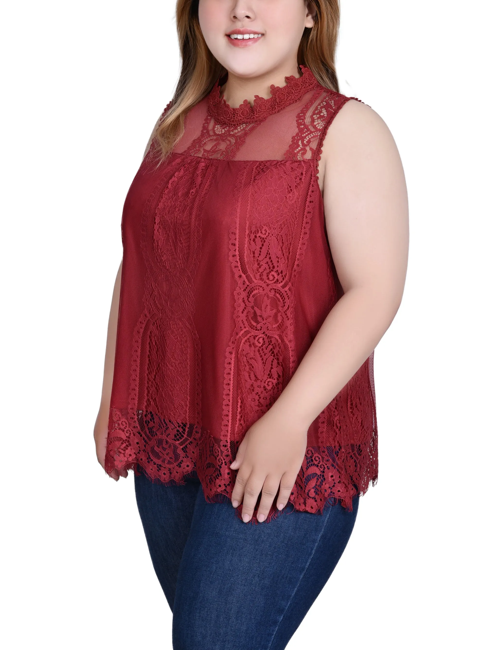 Plus Size Sleeveless Mock Neck Lace Top