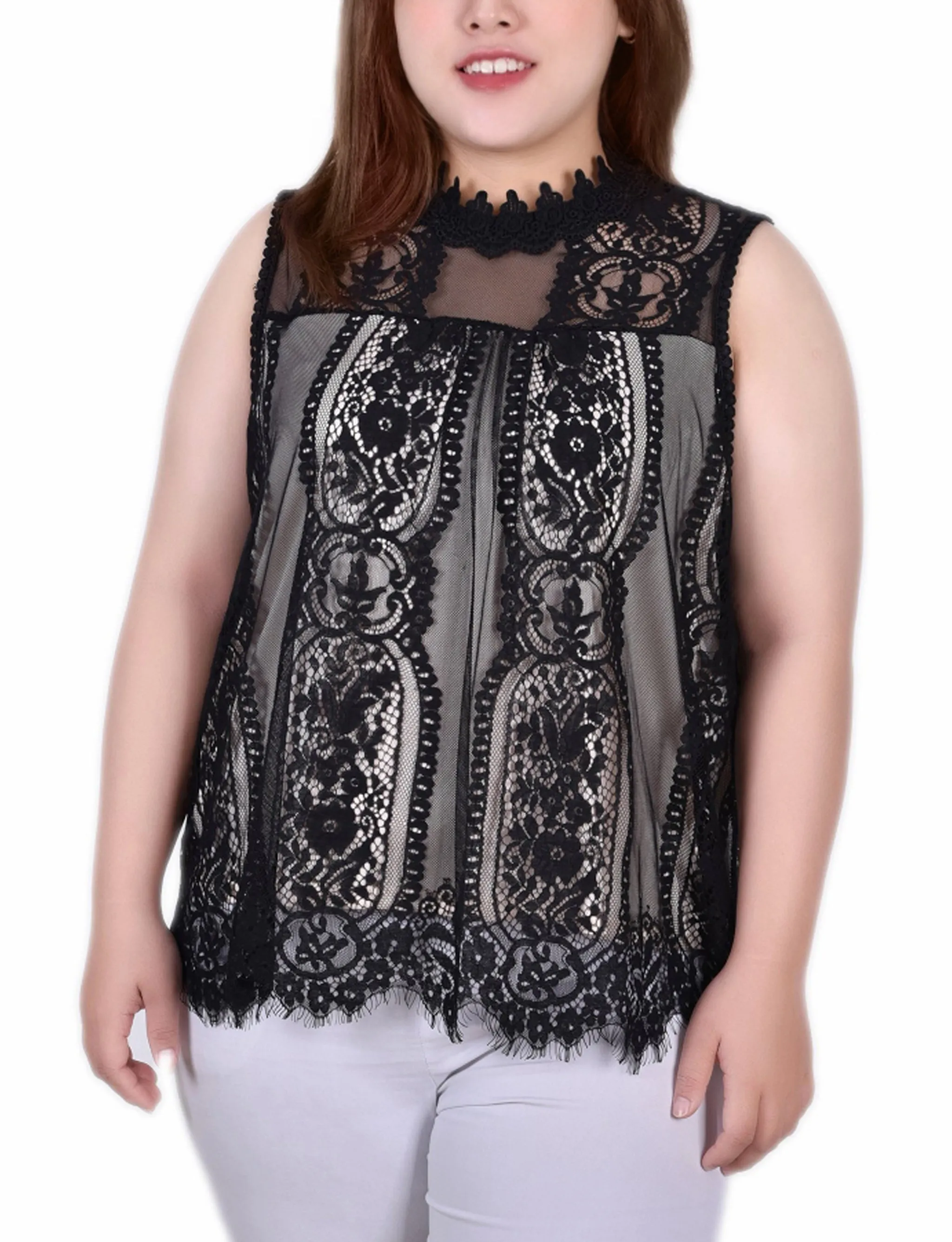 Plus Size Sleeveless Mock Neck Lace Top