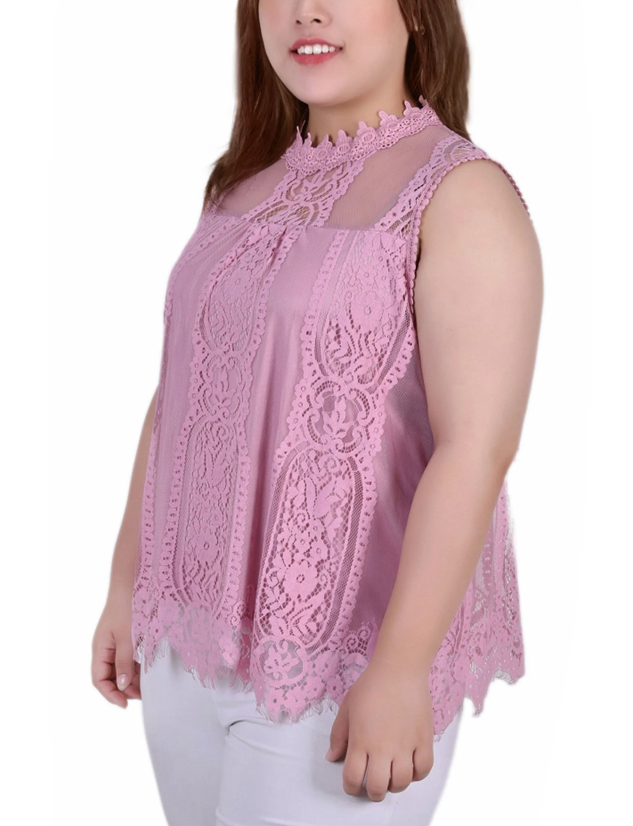 Plus Size Sleeveless Mock Neck Lace Top