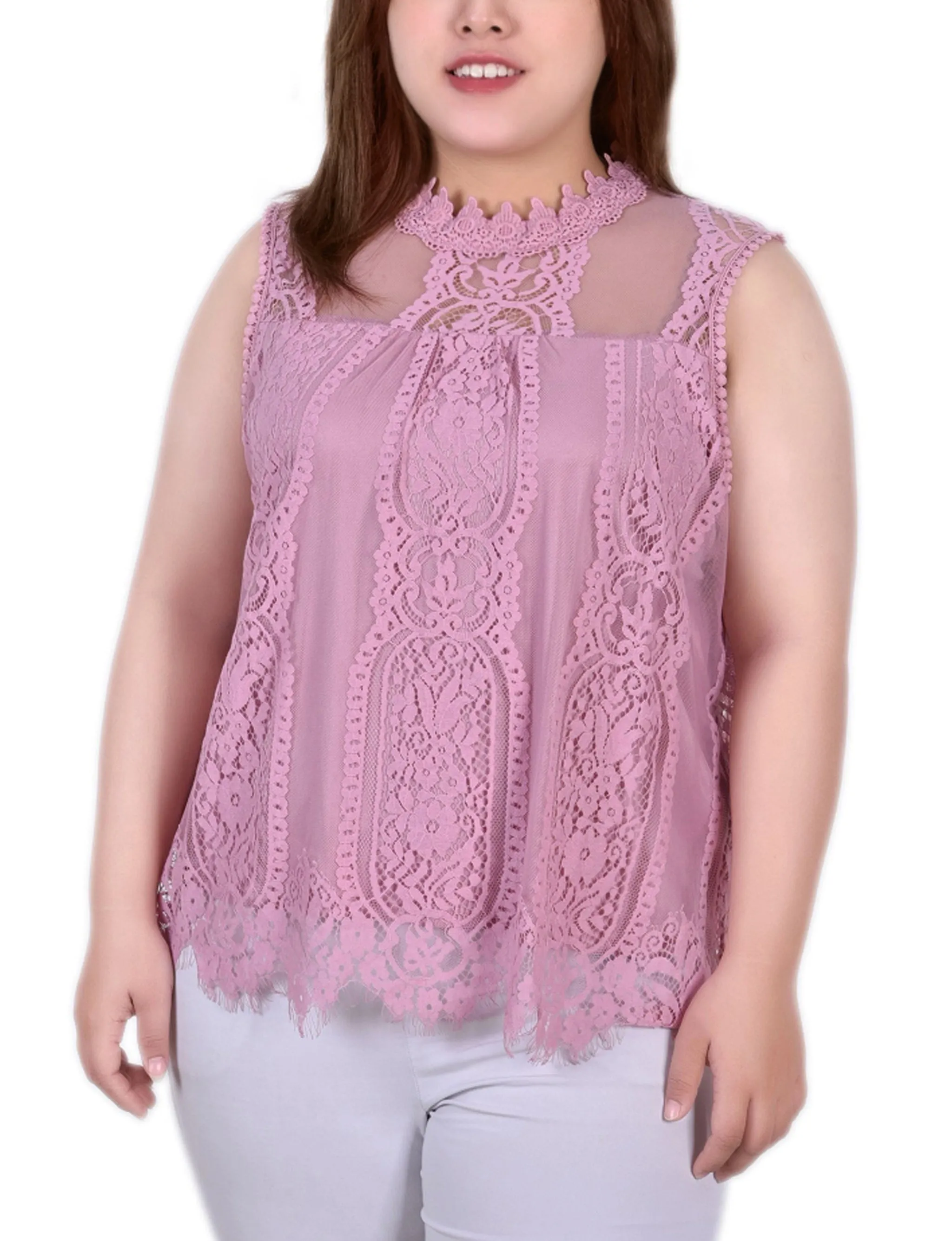 Plus Size Sleeveless Mock Neck Lace Top