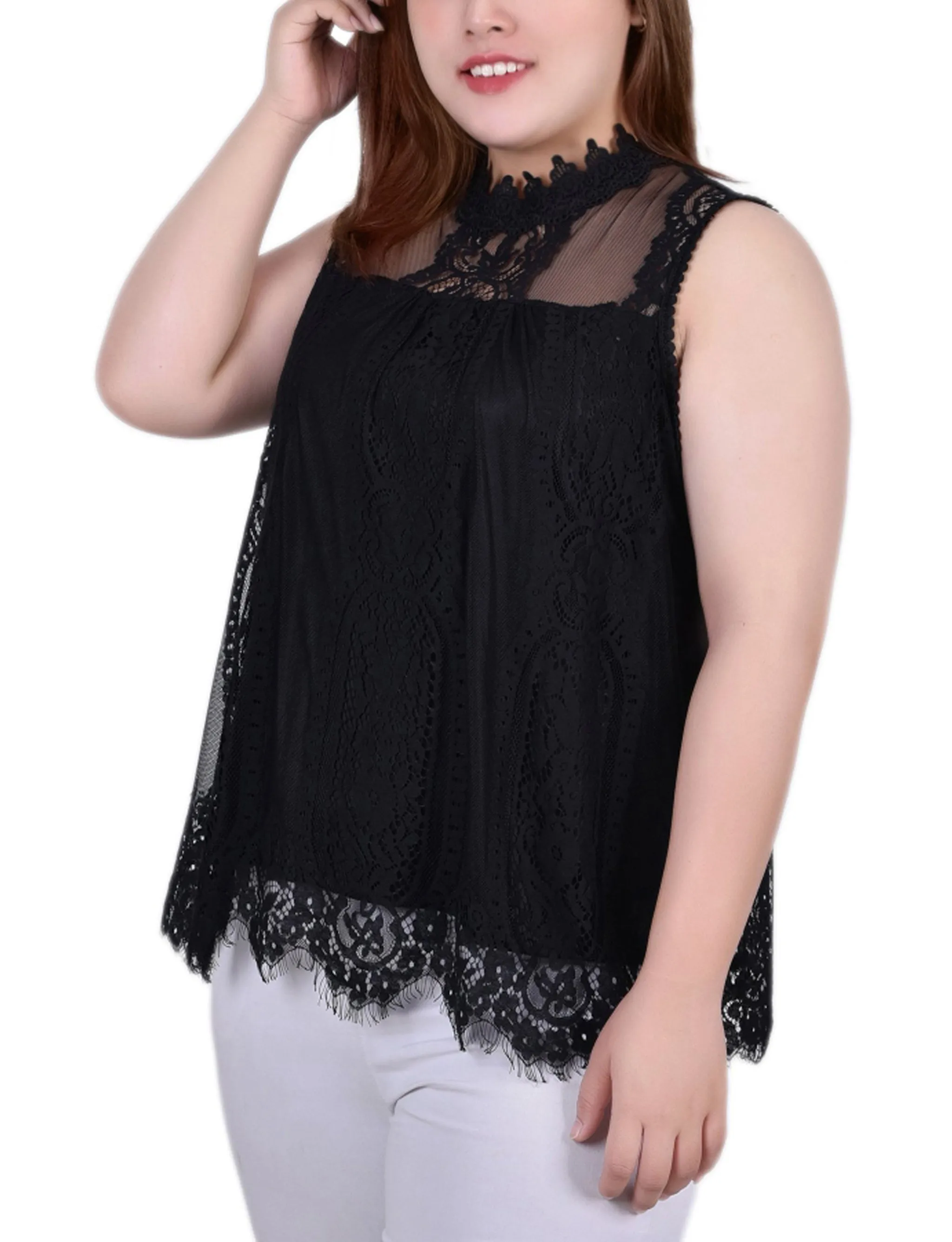 Plus Size Sleeveless Mock Neck Lace Top