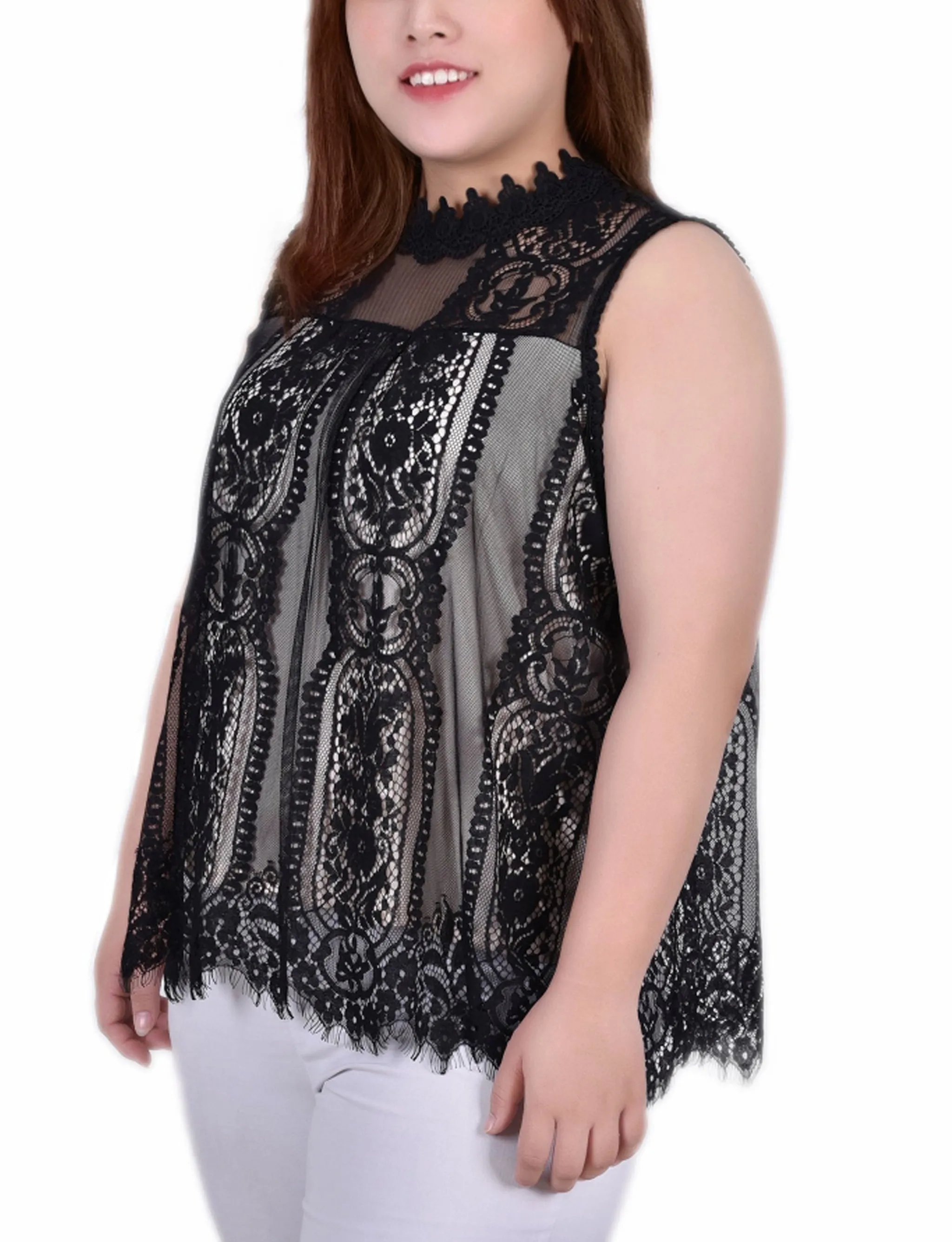 Plus Size Sleeveless Mock Neck Lace Top