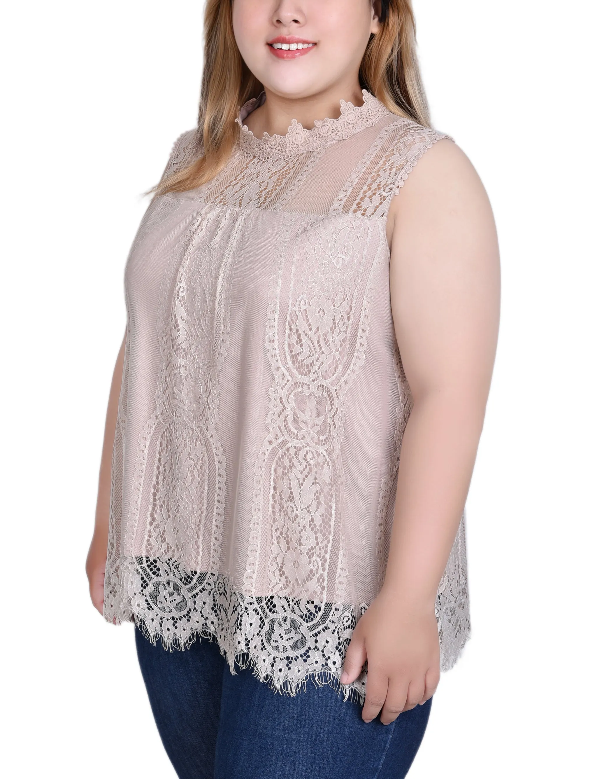Plus Size Sleeveless Mock Neck Lace Top