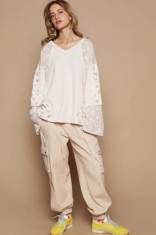 POL Lace Floral Round Neck Knit Top
