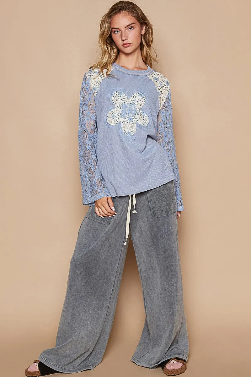 POL Thermal Knit Top with Lace Sleeves and Flower Patch Front in Cornflower Blue
