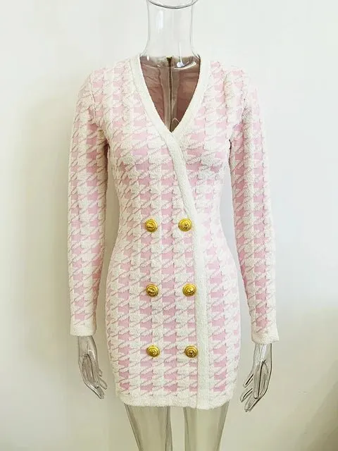 Pre Order:  Houndstooth Long Sleeves Knit Dress