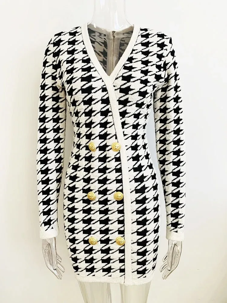 Pre Order:  Houndstooth Long Sleeves Knit Dress
