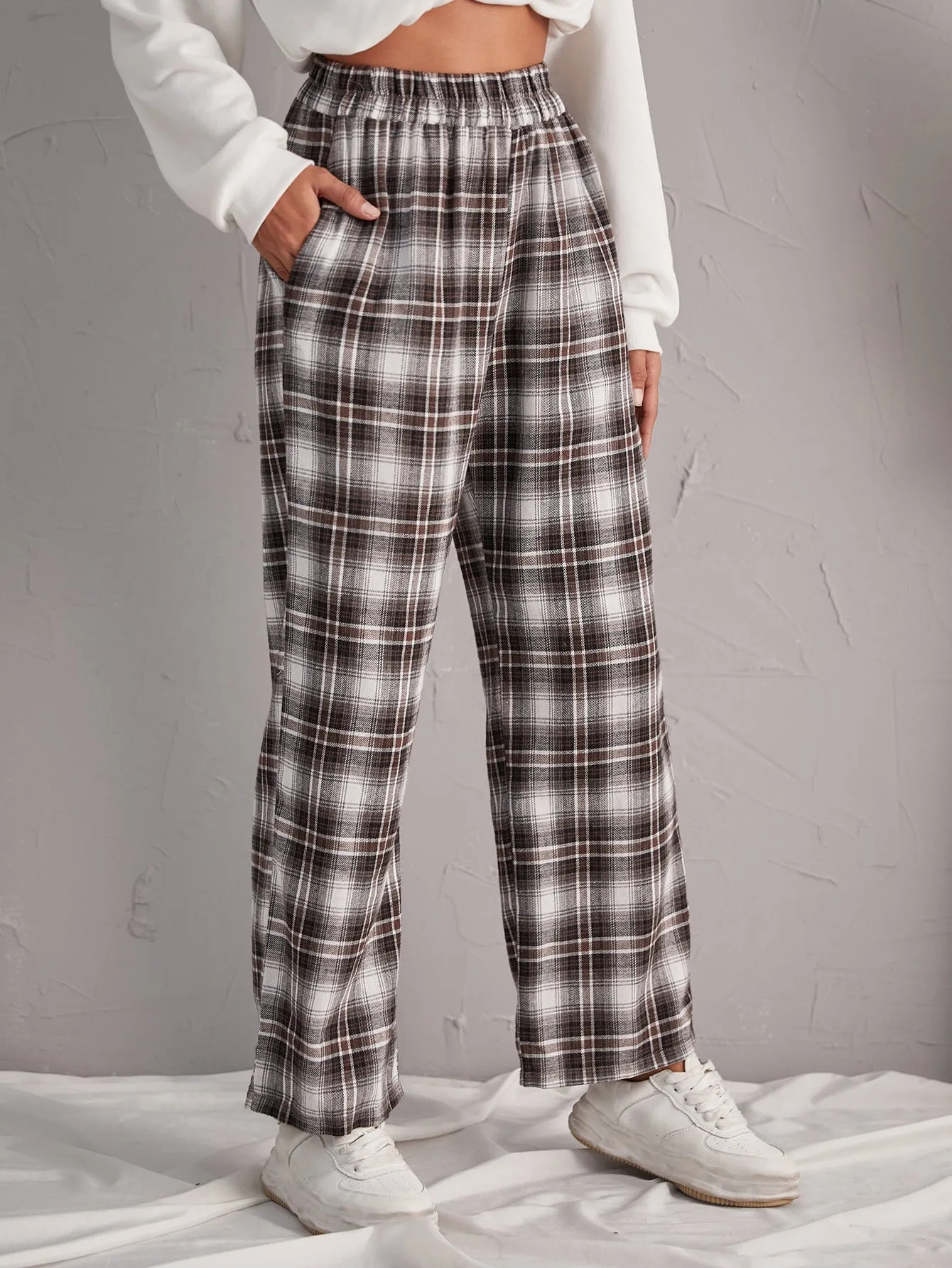 Preppy Tartan Pocket High Waist Long Women Pants