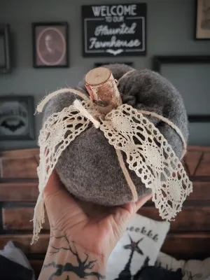 Pumpkin PIllow in Gray Embellished with Vintage Ivory Lace