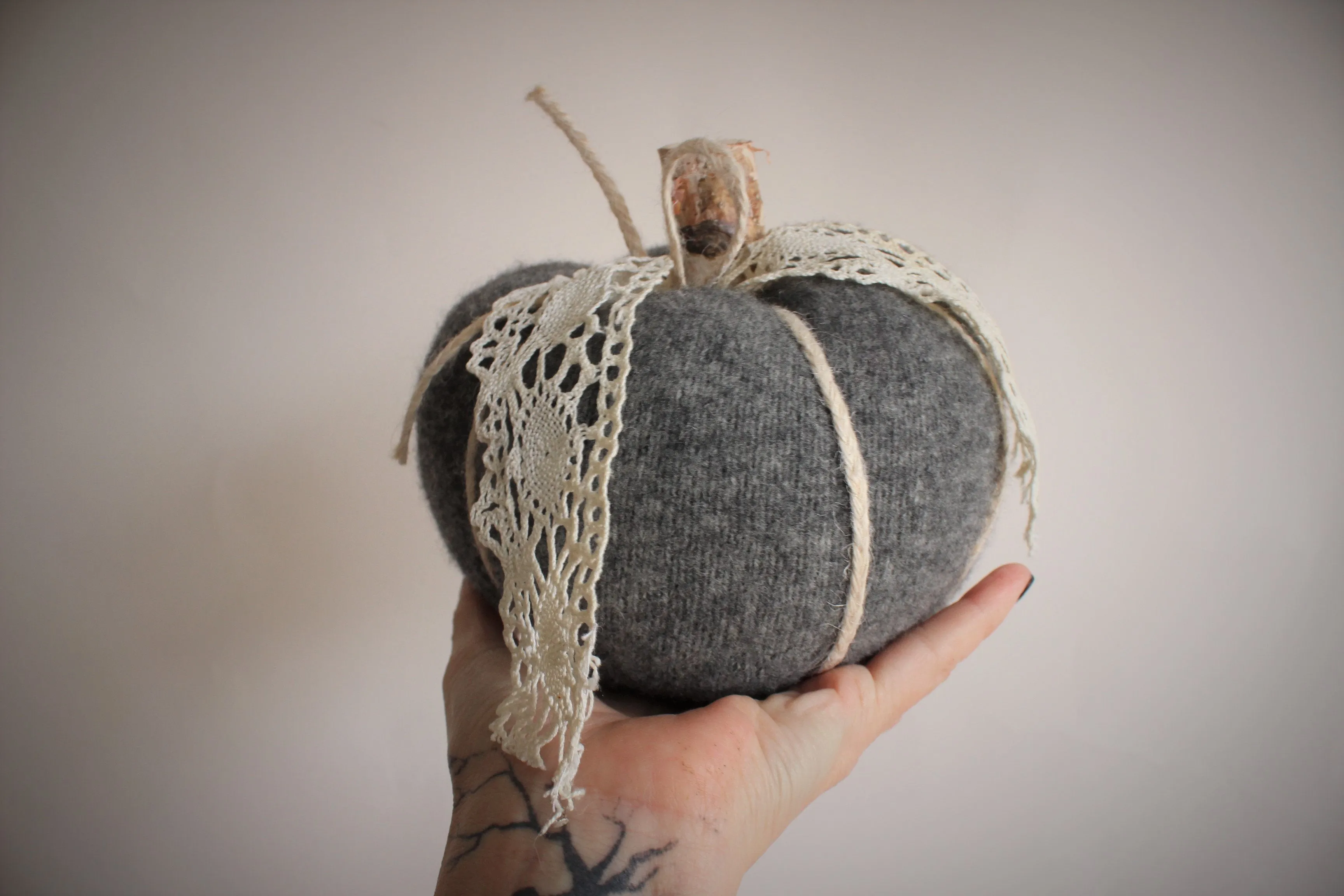 Pumpkin PIllow in Gray Embellished with Vintage Ivory Lace