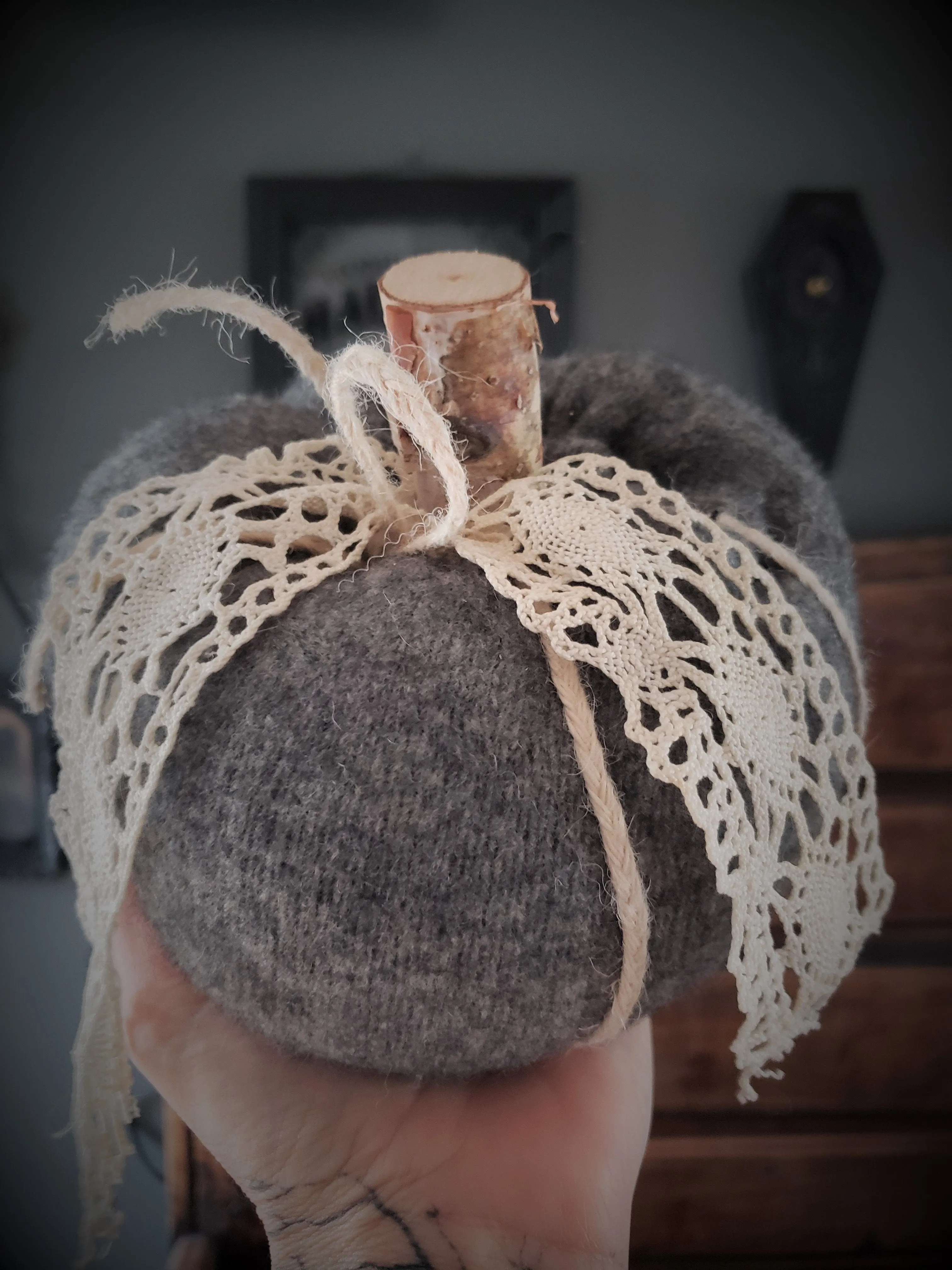 Pumpkin PIllow in Gray Embellished with Vintage Ivory Lace