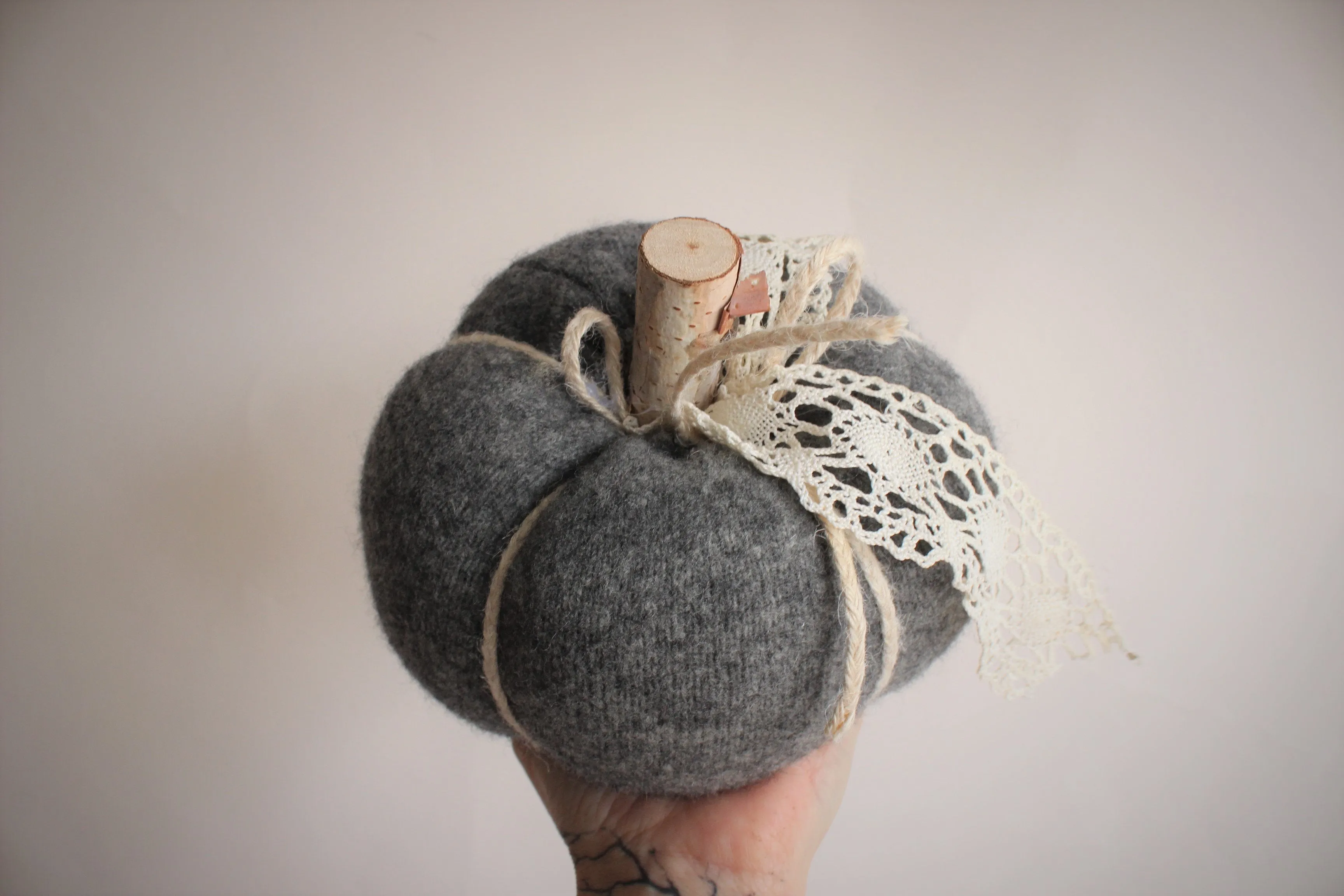 Pumpkin PIllow in Gray Embellished with Vintage Ivory Lace