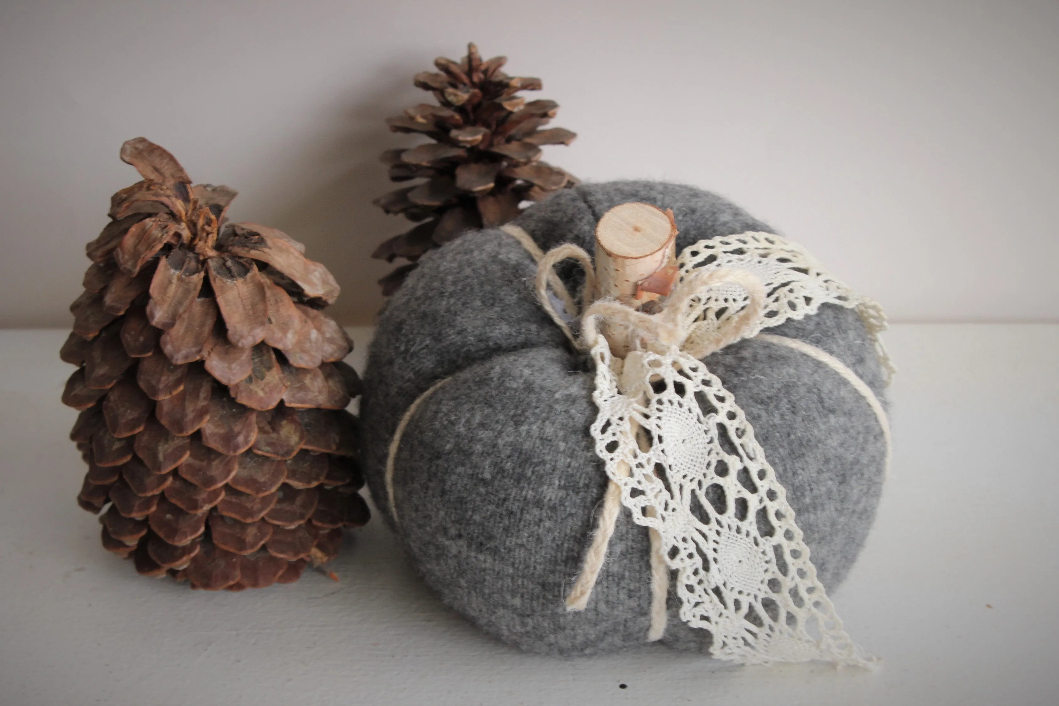 Pumpkin PIllow in Gray Embellished with Vintage Ivory Lace