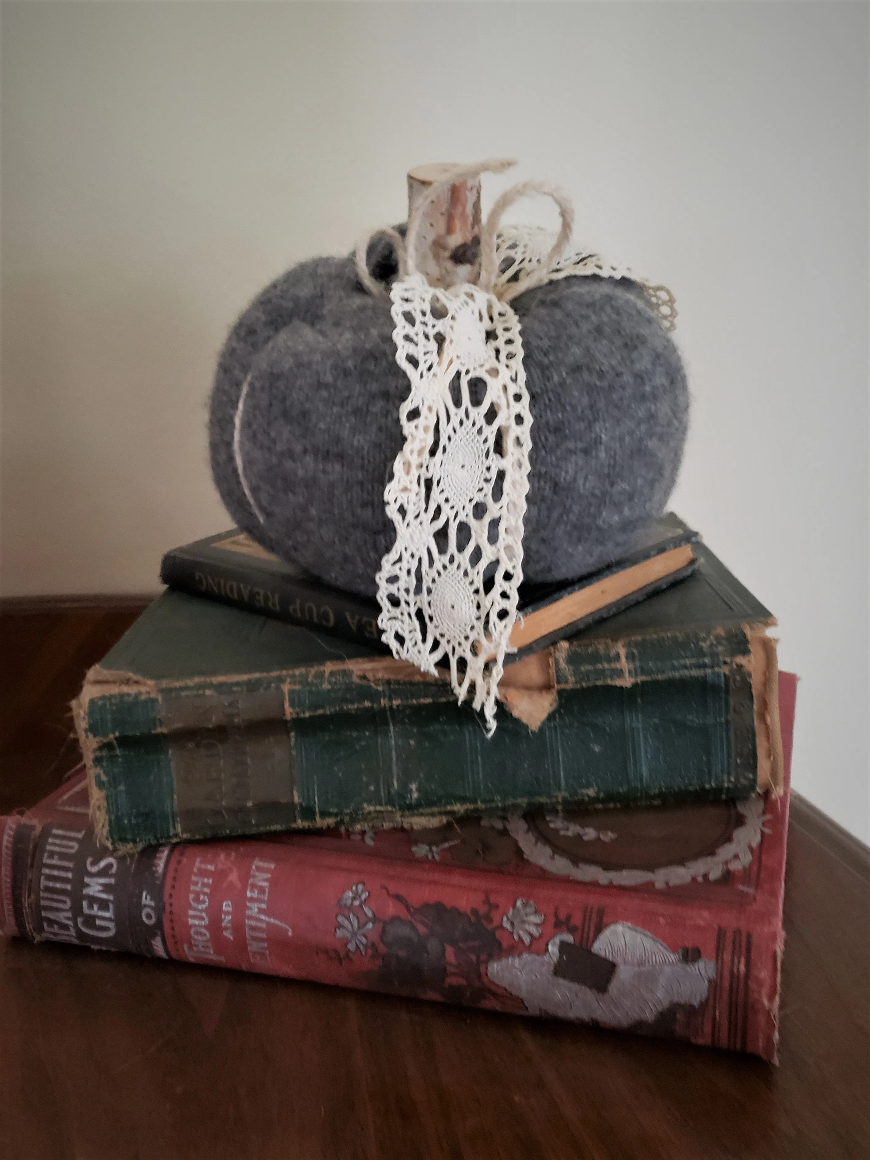 Pumpkin PIllow in Gray Embellished with Vintage Ivory Lace