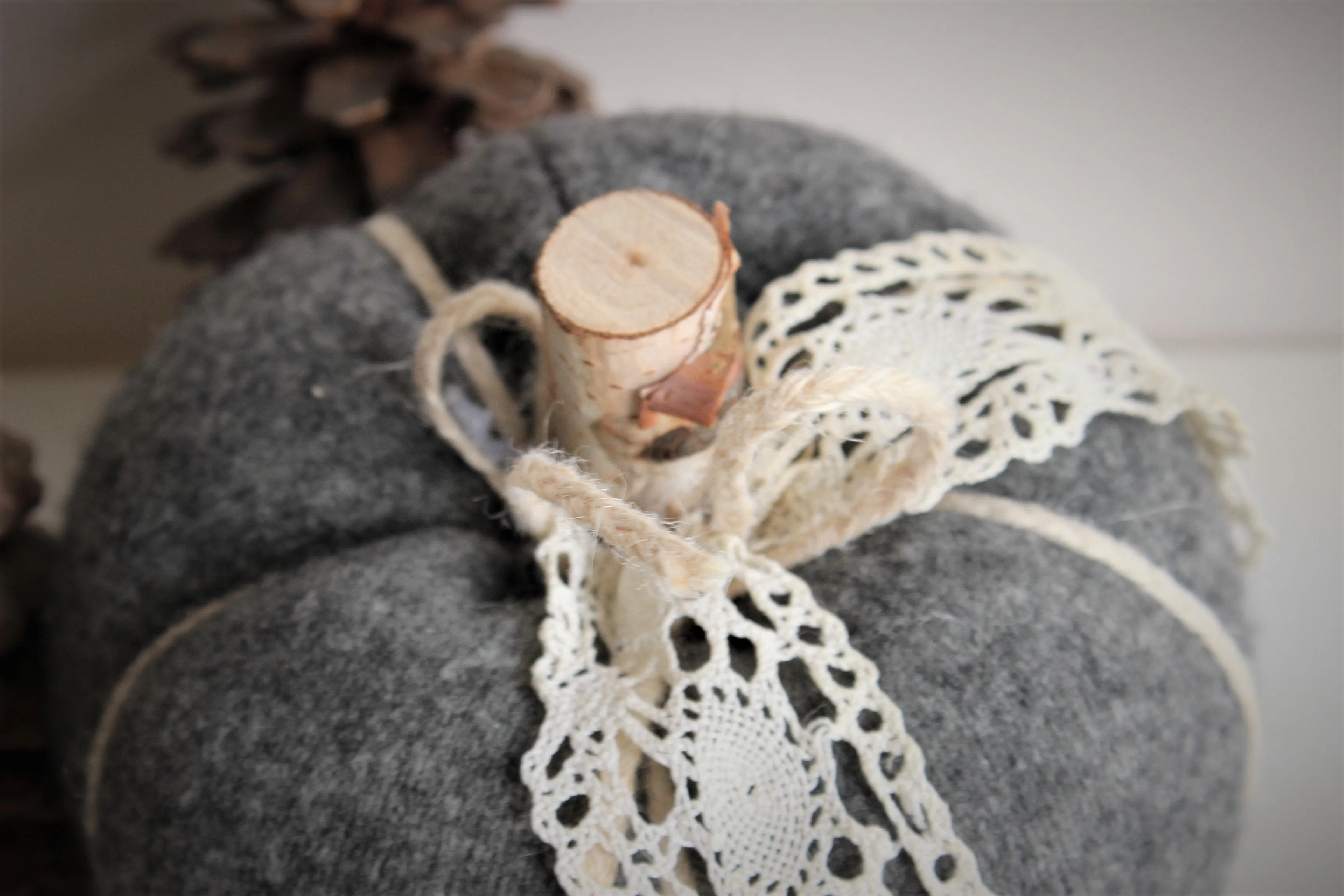 Pumpkin PIllow in Gray Embellished with Vintage Ivory Lace