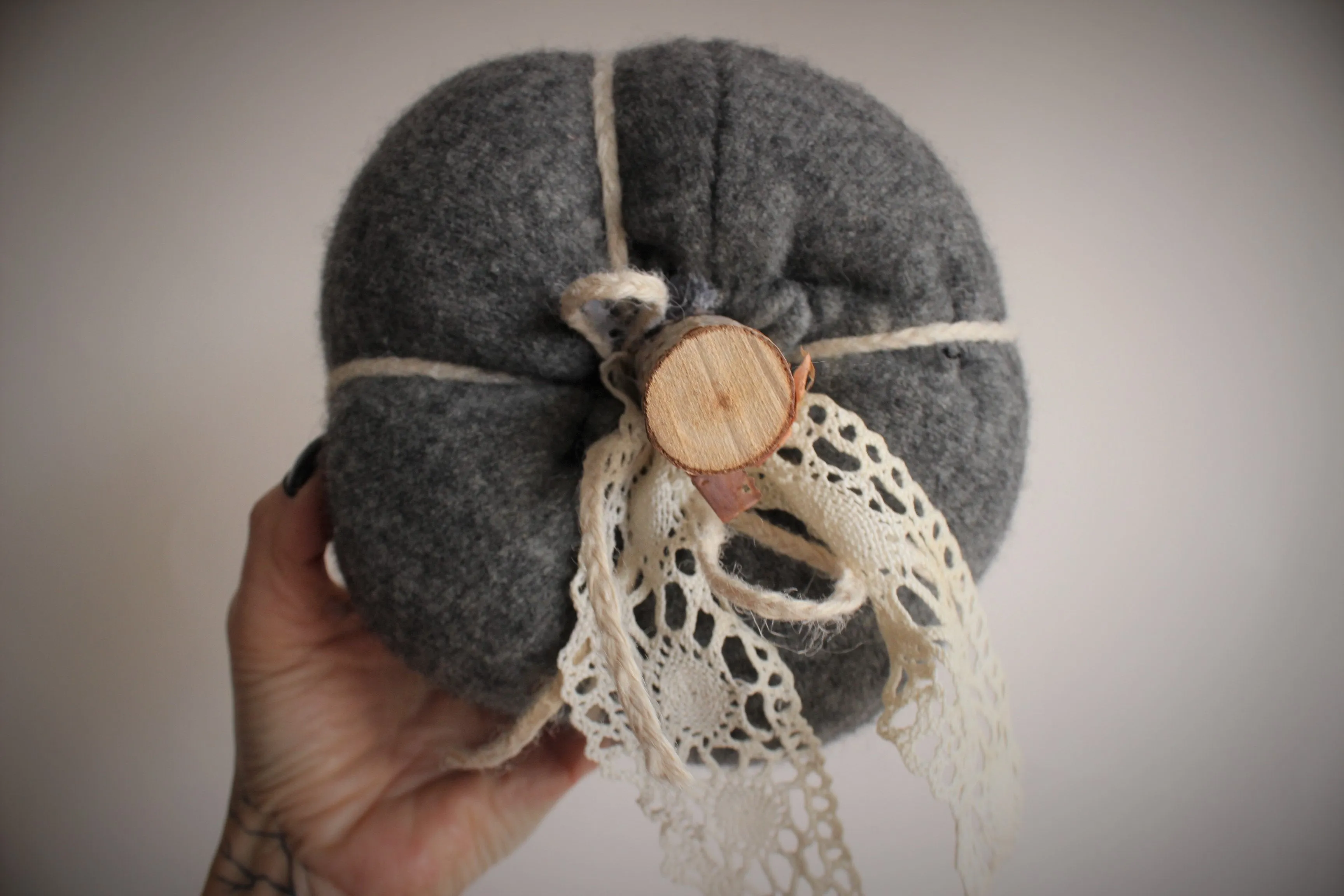 Pumpkin PIllow in Gray Embellished with Vintage Ivory Lace