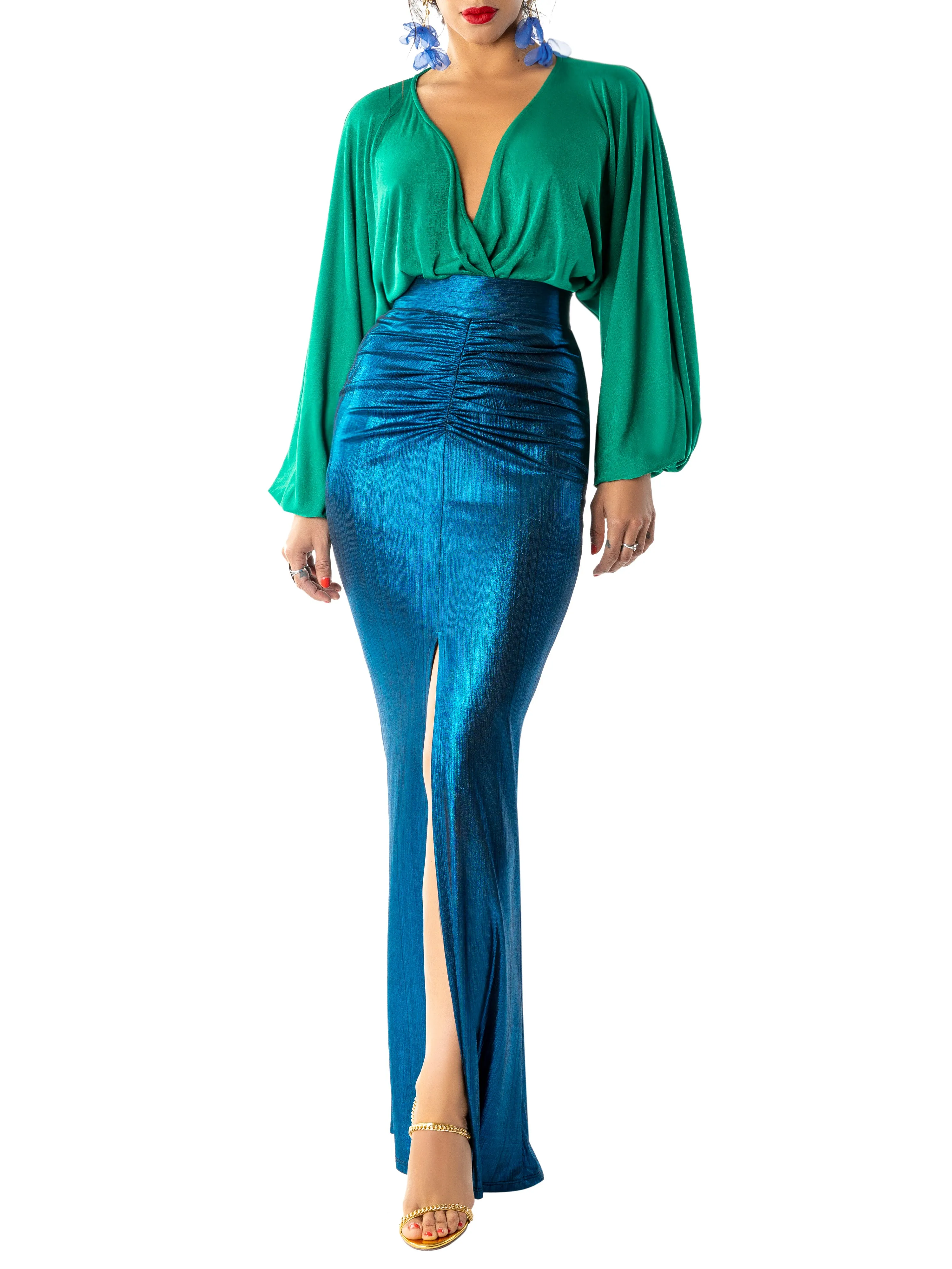 "Yvette" Blue Ruched Maxi Skirt