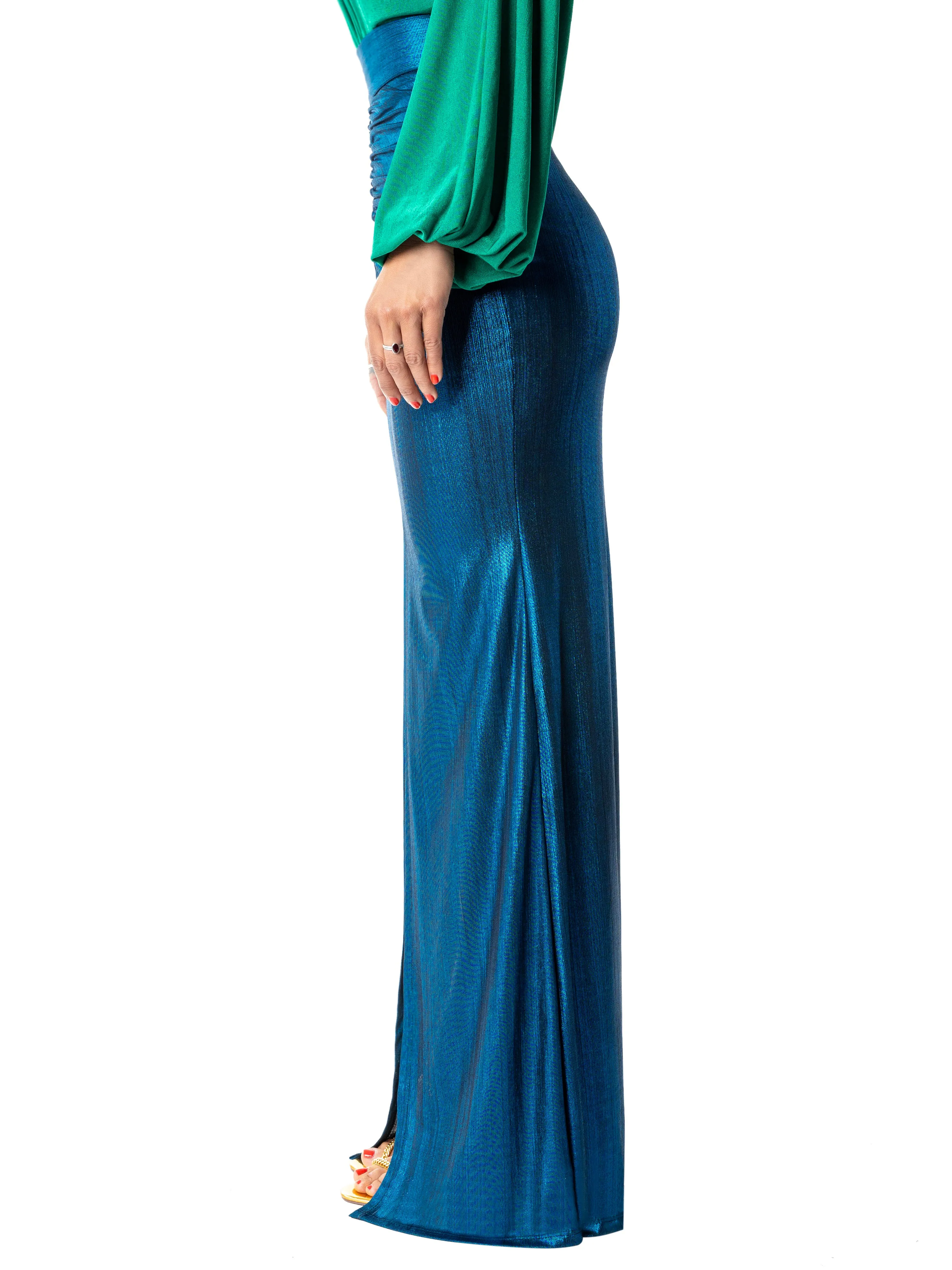 "Yvette" Blue Ruched Maxi Skirt