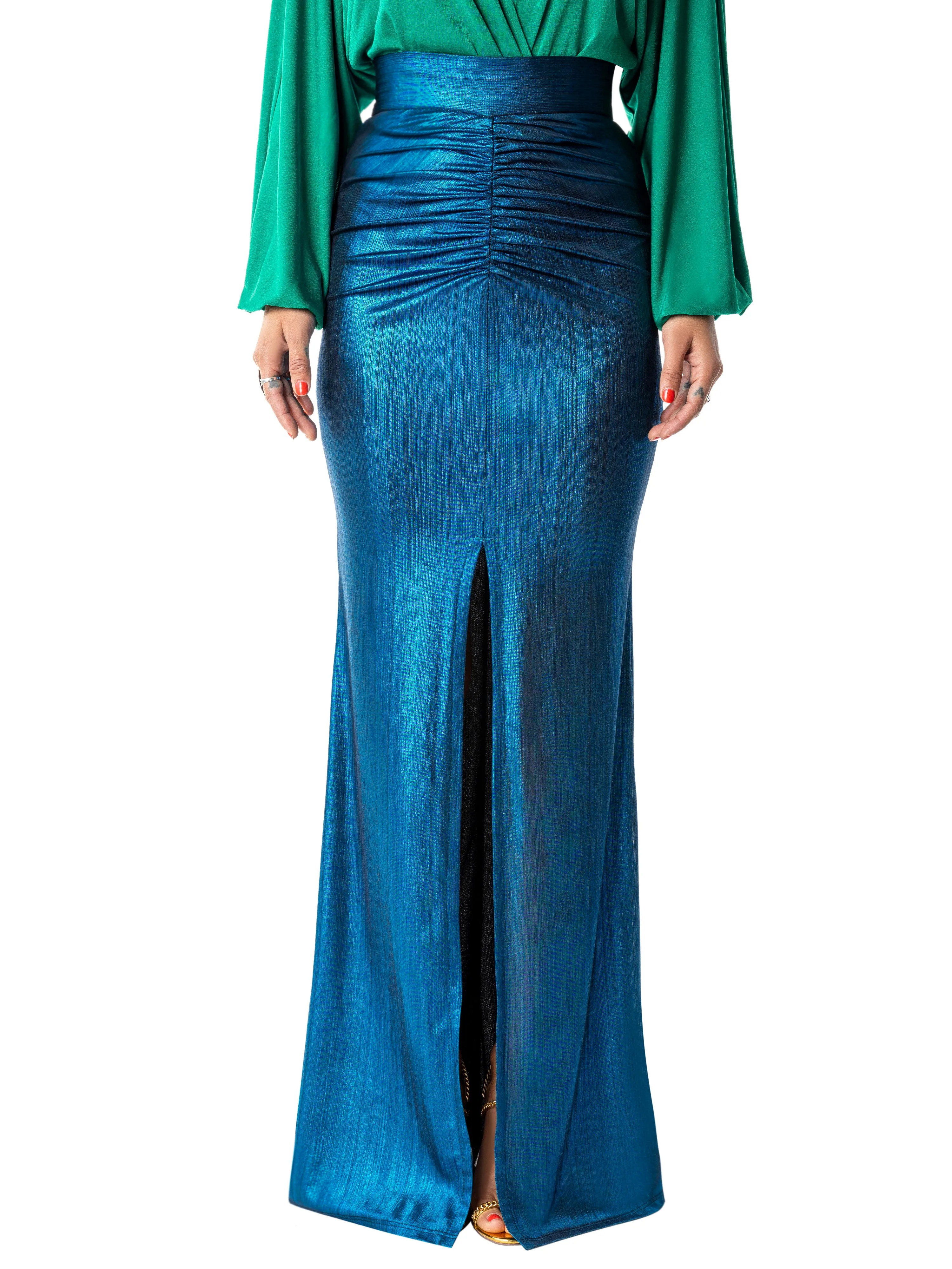 "Yvette" Blue Ruched Maxi Skirt
