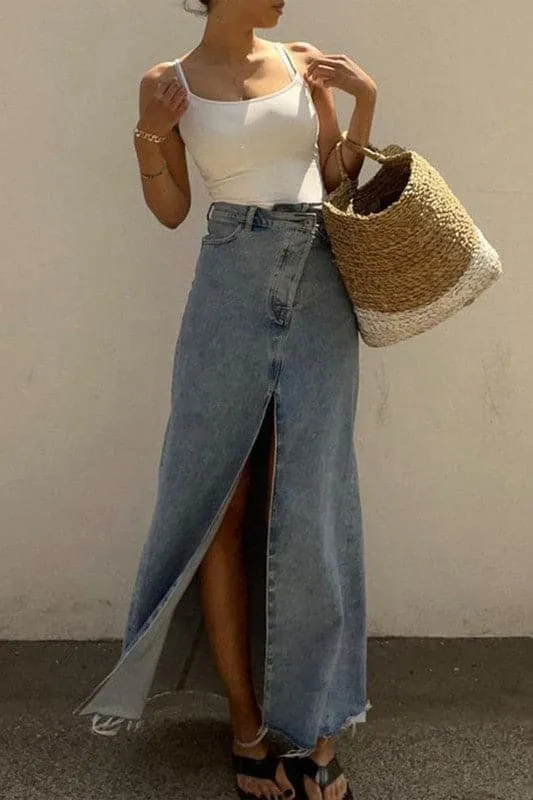 QZ465 Split Denim Long Skirt