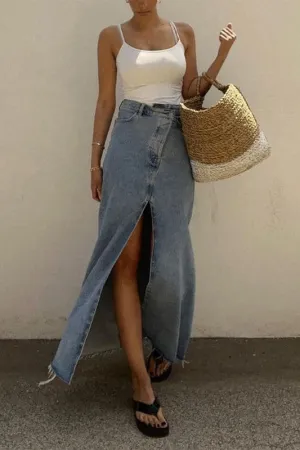 QZ465 Split Denim Long Skirt