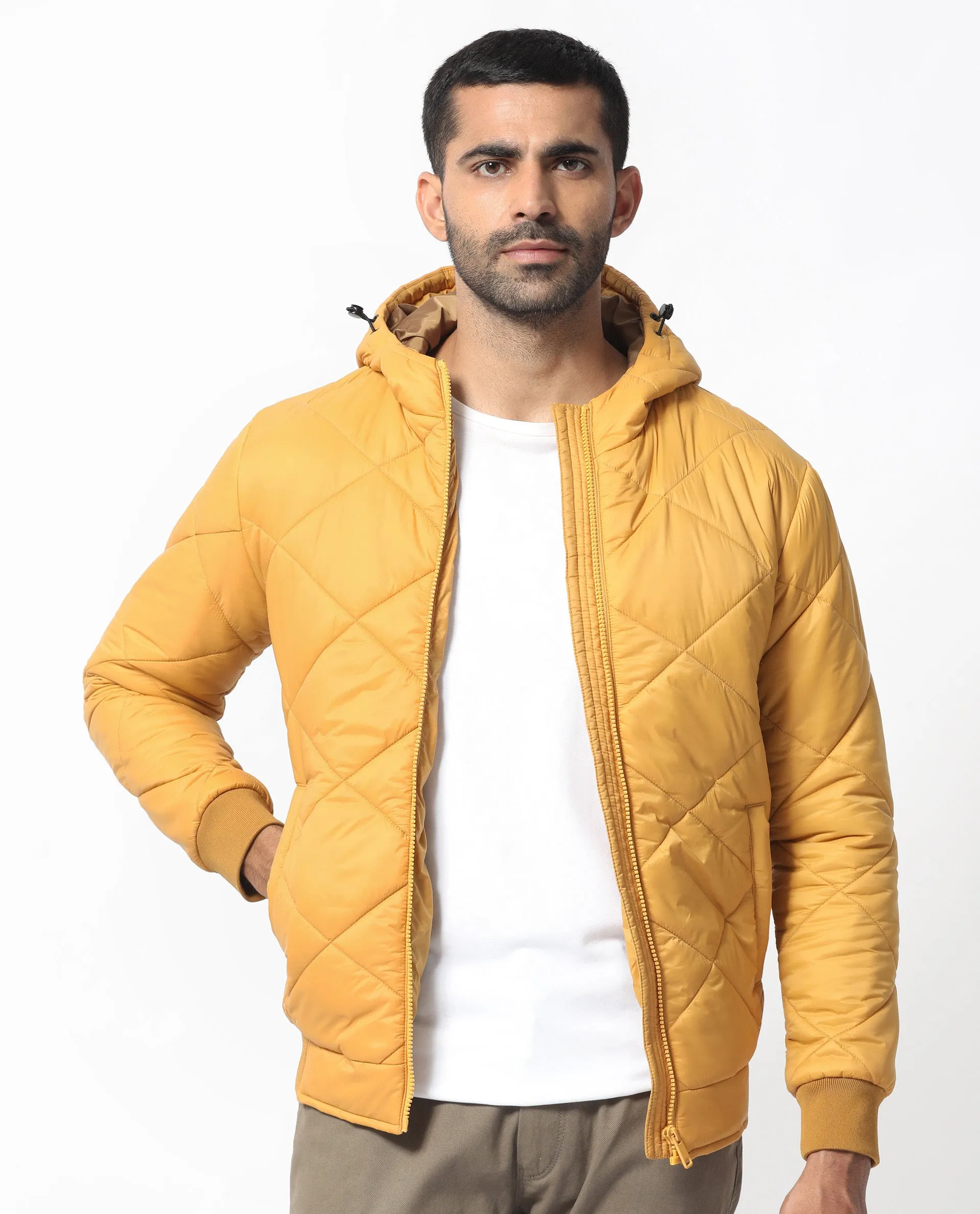 Rare Rabbit Men's Parco Yellow Diamond Quilted Hooded Puffer Jacket