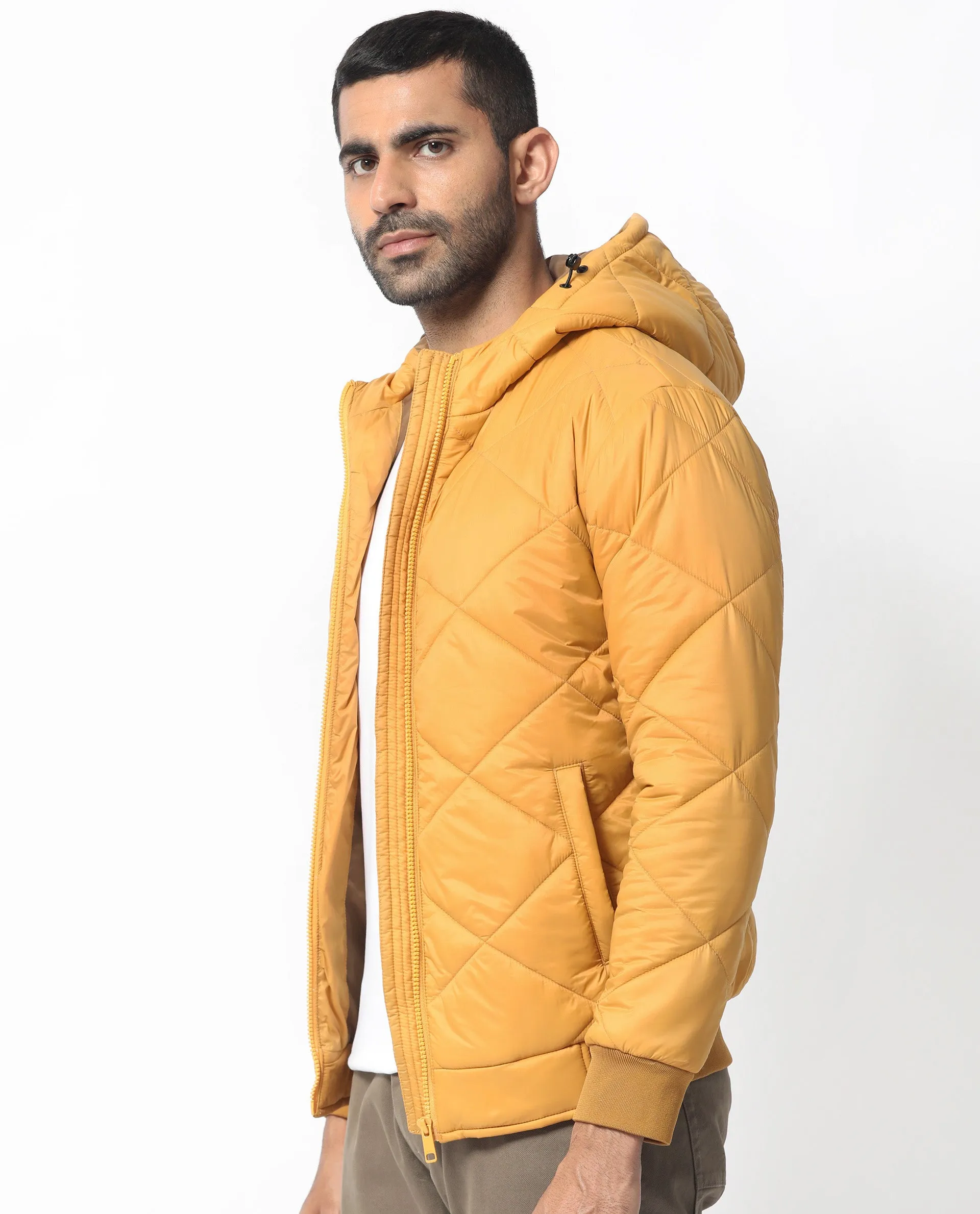 Rare Rabbit Men's Parco Yellow Diamond Quilted Hooded Puffer Jacket
