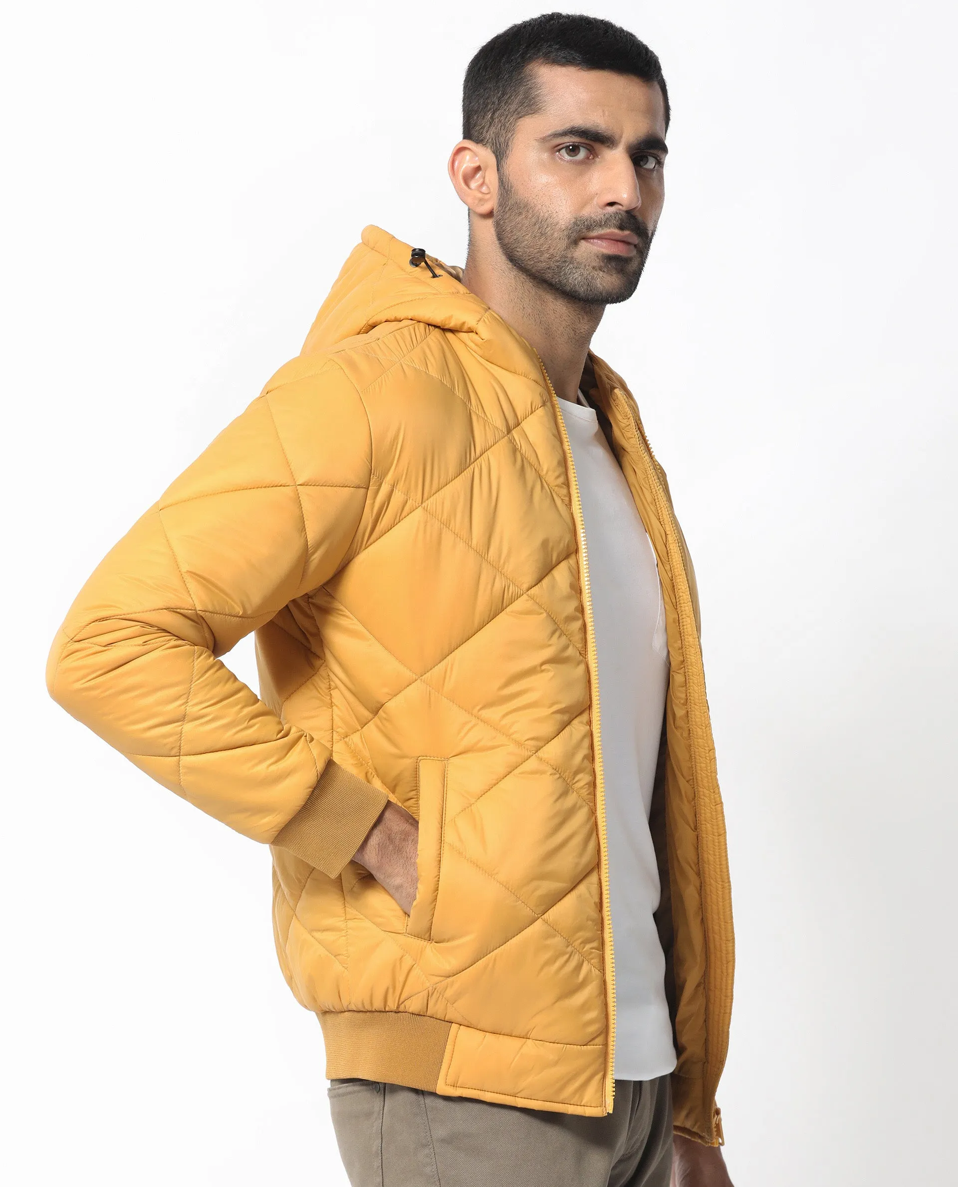Rare Rabbit Men's Parco Yellow Diamond Quilted Hooded Puffer Jacket